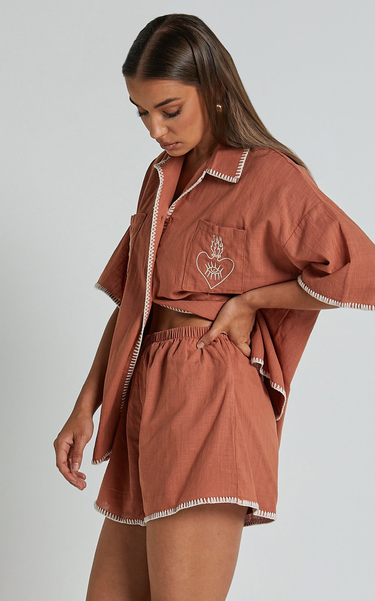 Aden Two Piece Set - Embroidered Trim Button Through Short Sleeve and Shorts Printed Set in Rust and White