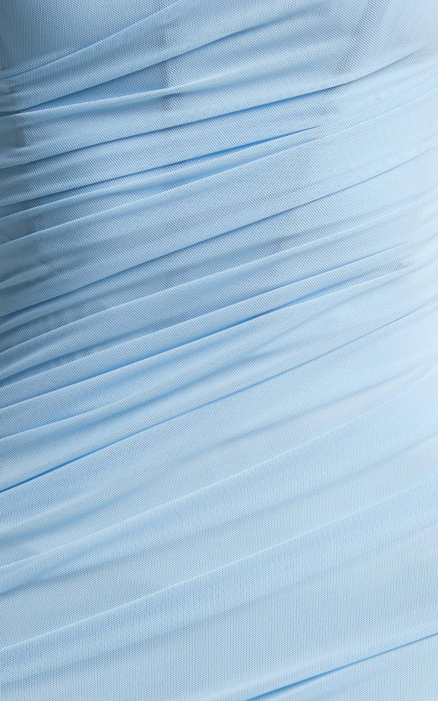 Agora Midi Dress - Bodycon Gathered Strapless Dress in Ice Blue