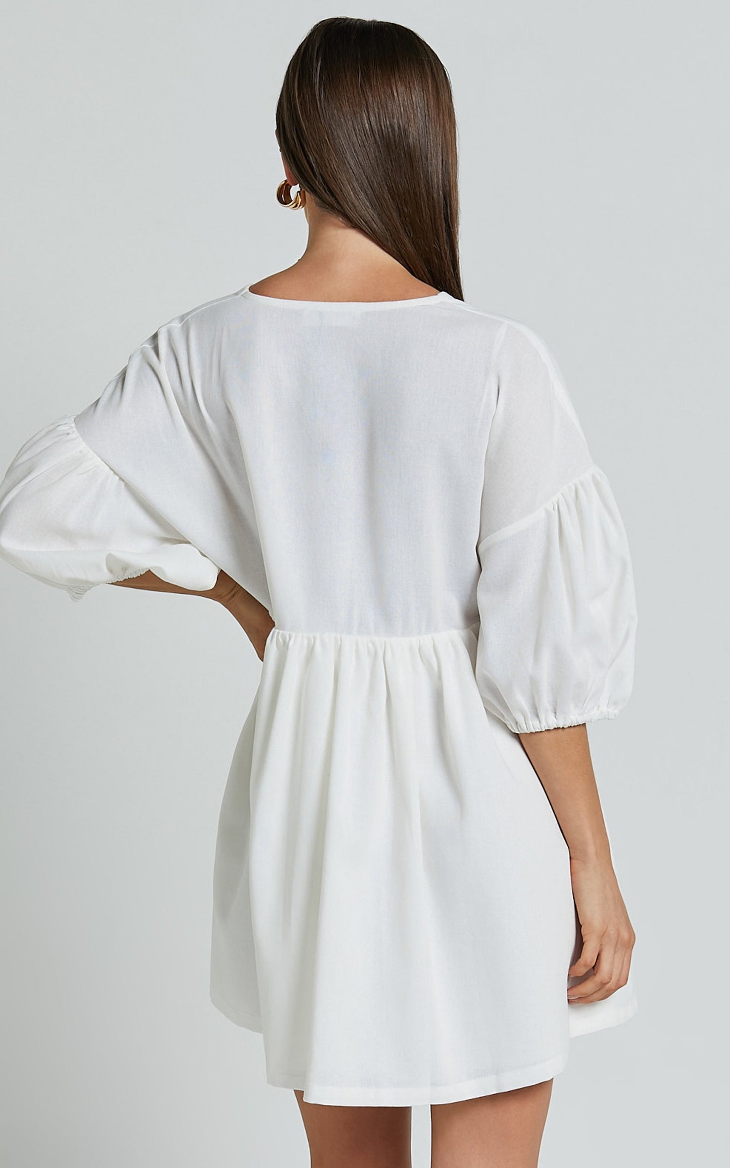 Akane Mini Dress - Linen Look V Neck 3/4 Sleeve Smock Dress in Off White