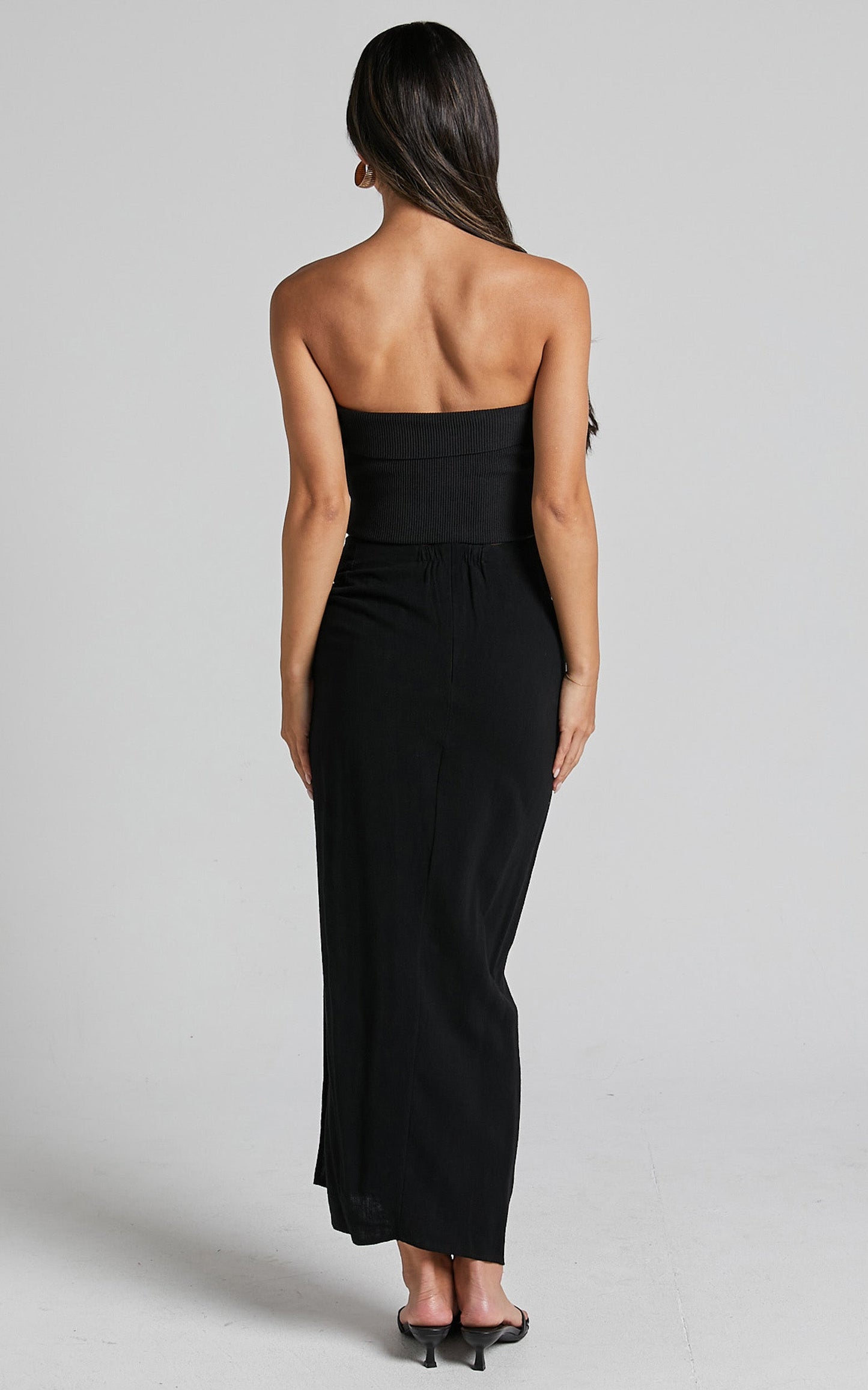 Alanna Midi Skirt - Linen Thigh Split Wrap Skirt in Black