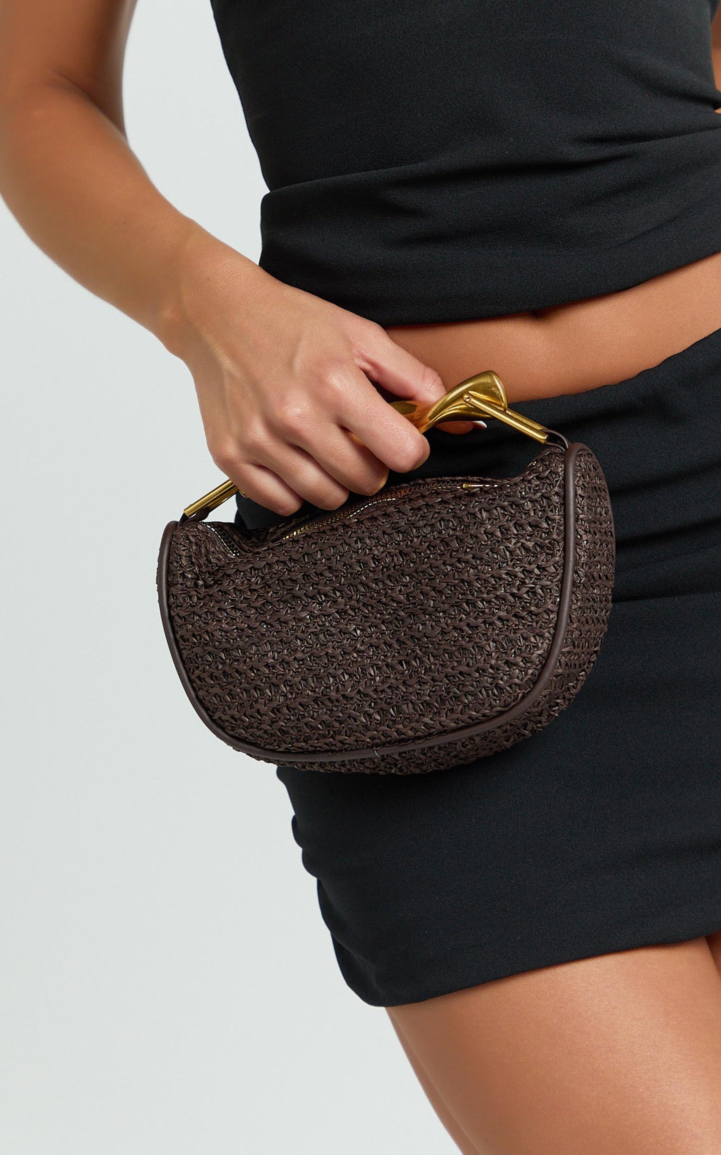 Alena Straw Gold Handle Bag in Coffee