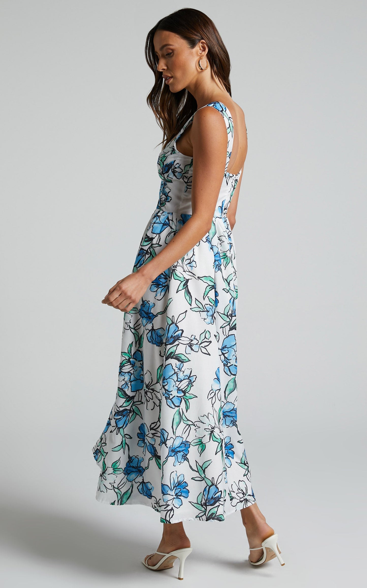 Alezia Midi Dress - Thigh Split Sweetheart Corset Dress in Brush Stroke Floral
