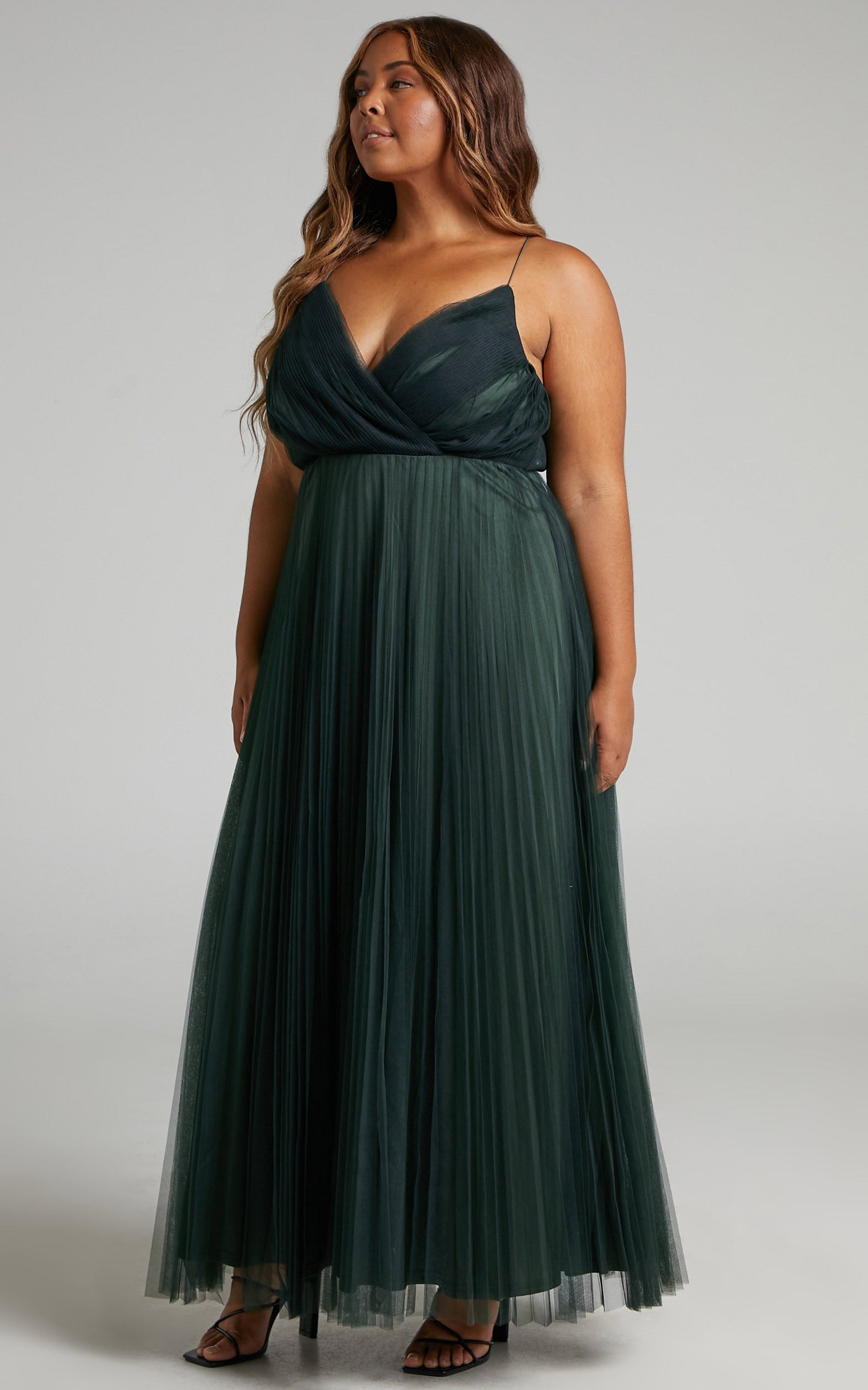 Allany Maxi Dress - Faux Wrap Bodice Pleated Tulle Dress in Emerald