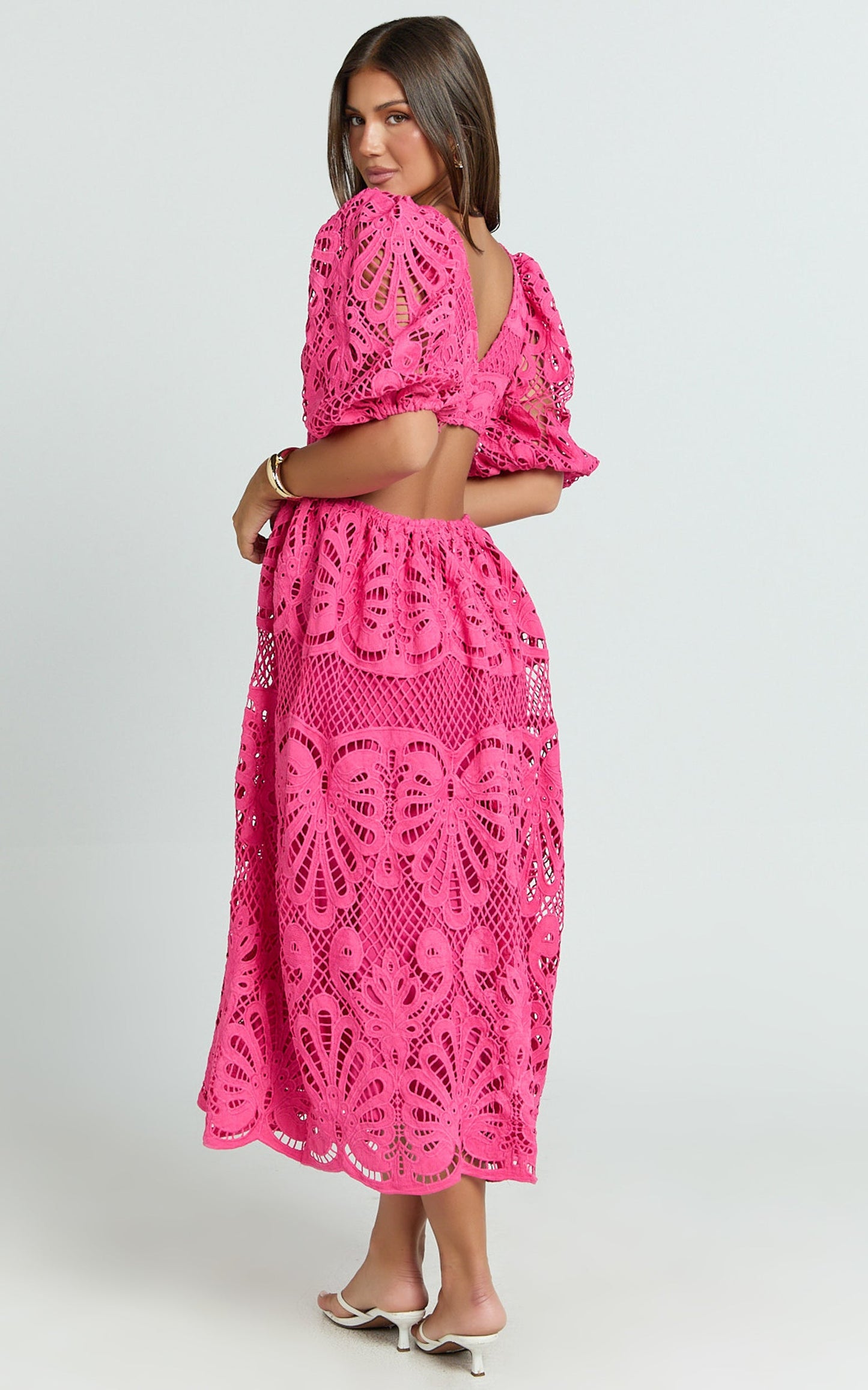Anieshaya Midi Dress - V Neck Cut Out Lace Dress in Pink