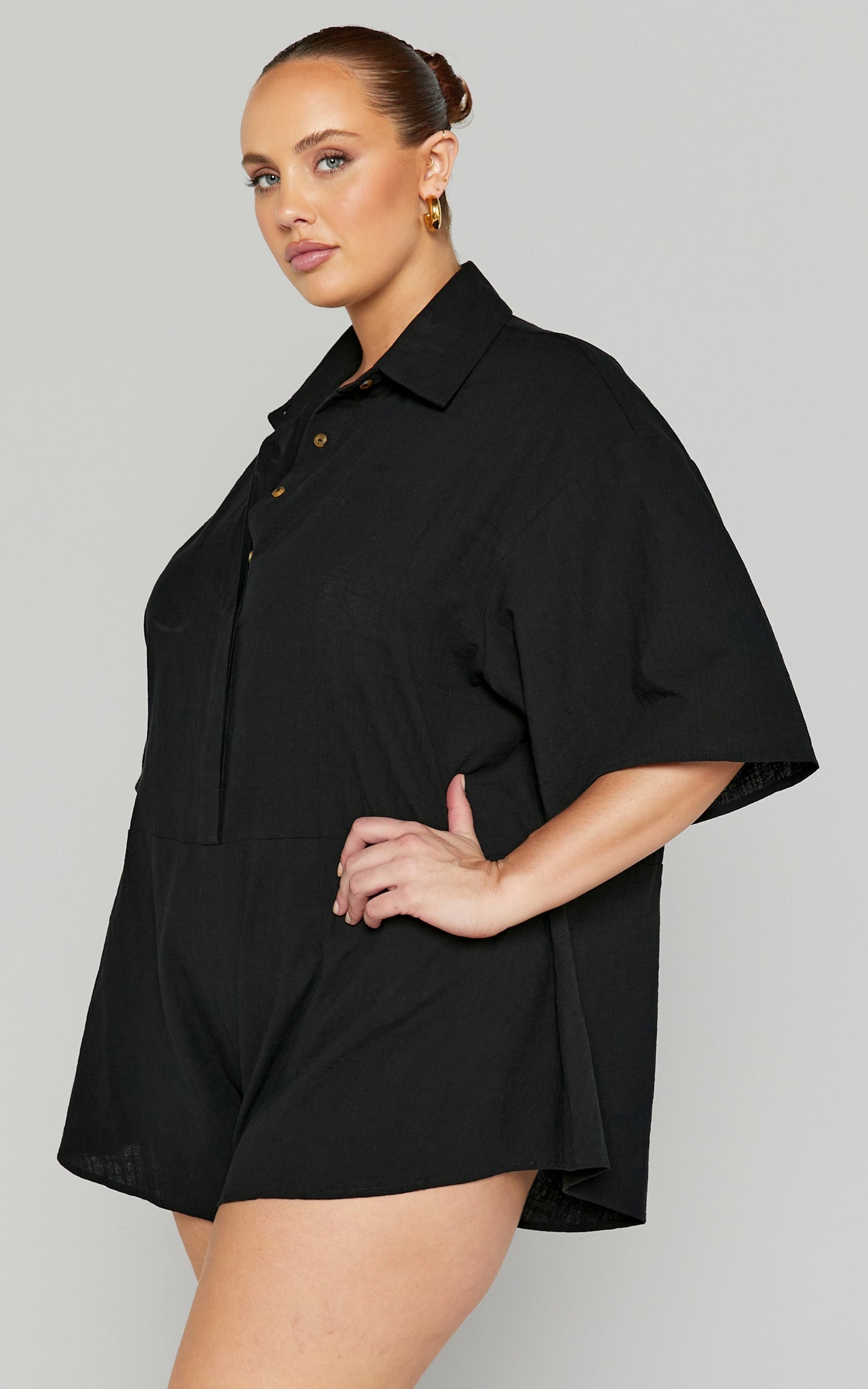 Ankana Playsuit - Short Sleeve Relaxed Button Front Playsuit in Black