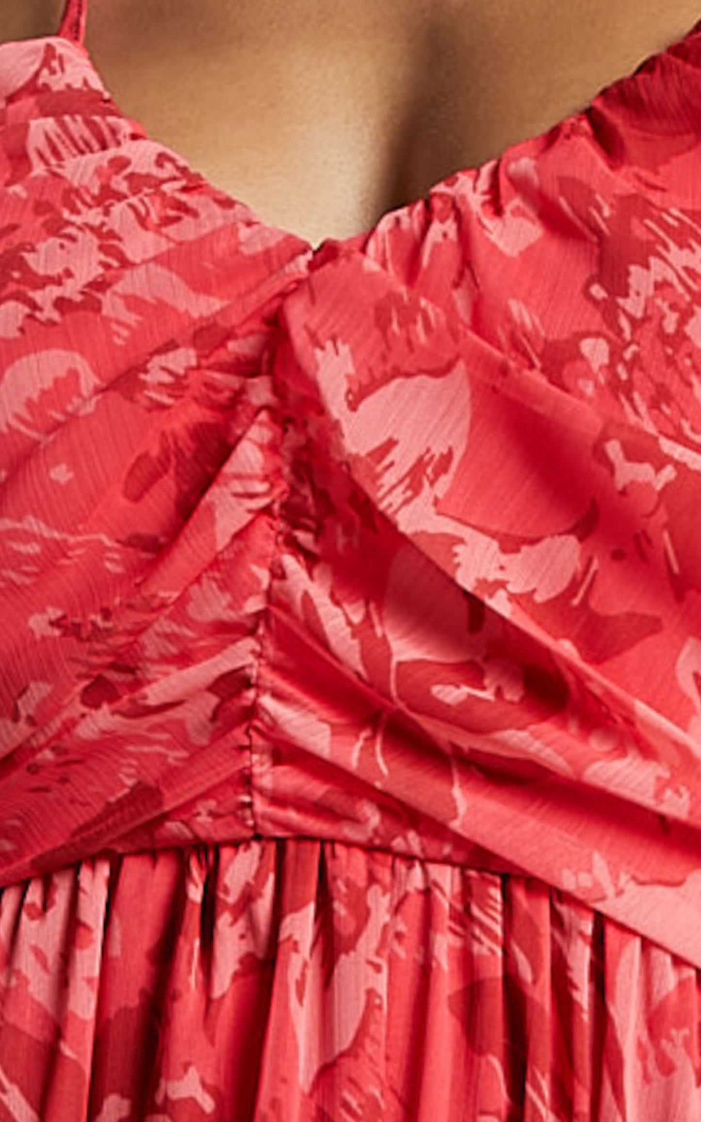 Antoinette Maxi Linen Blend Dress - Strappy V Neck Ruched Bust A Line Dress in Red Print