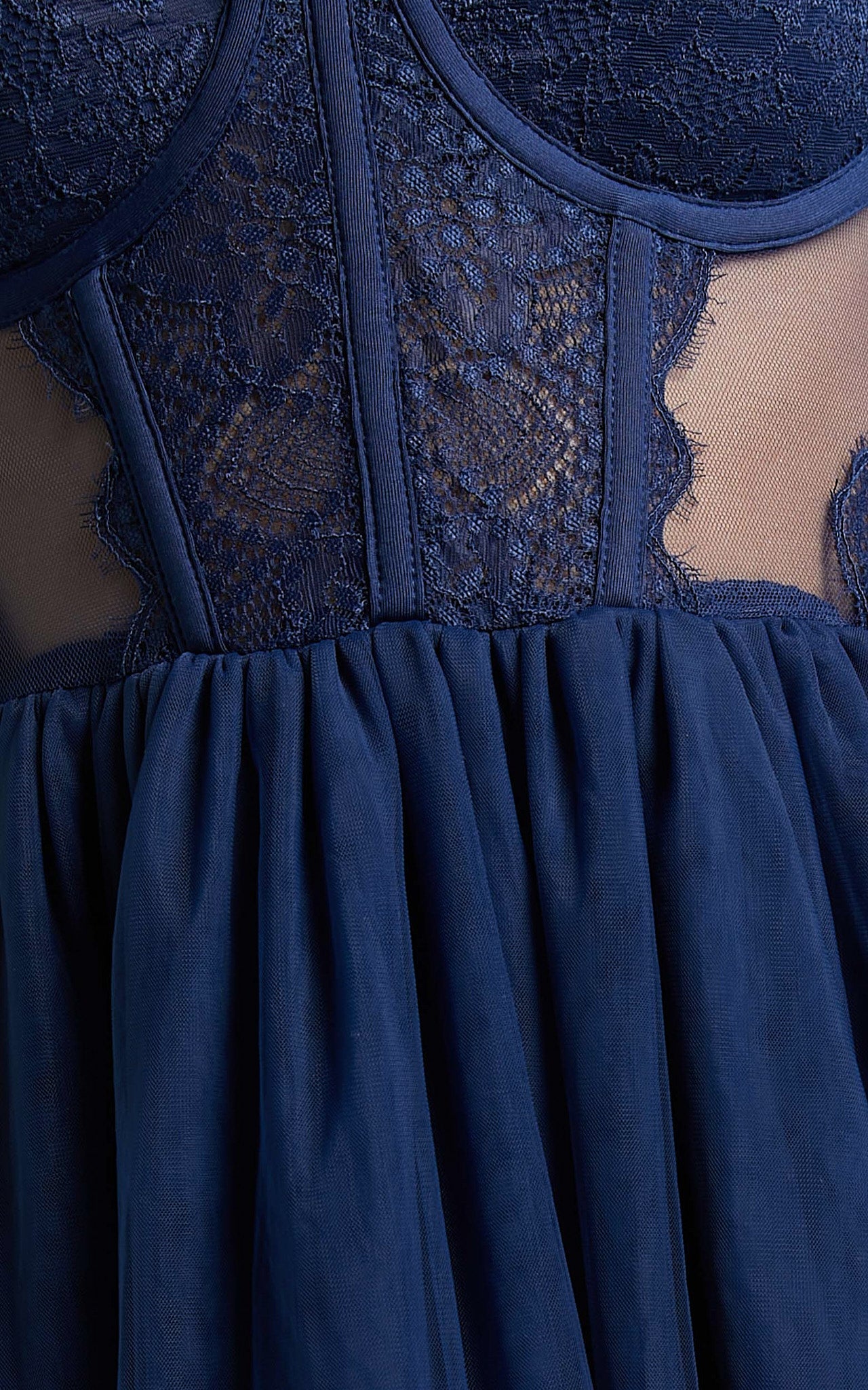 Audrie Midi Dress - Lace Corset Tulle Dress in Navy