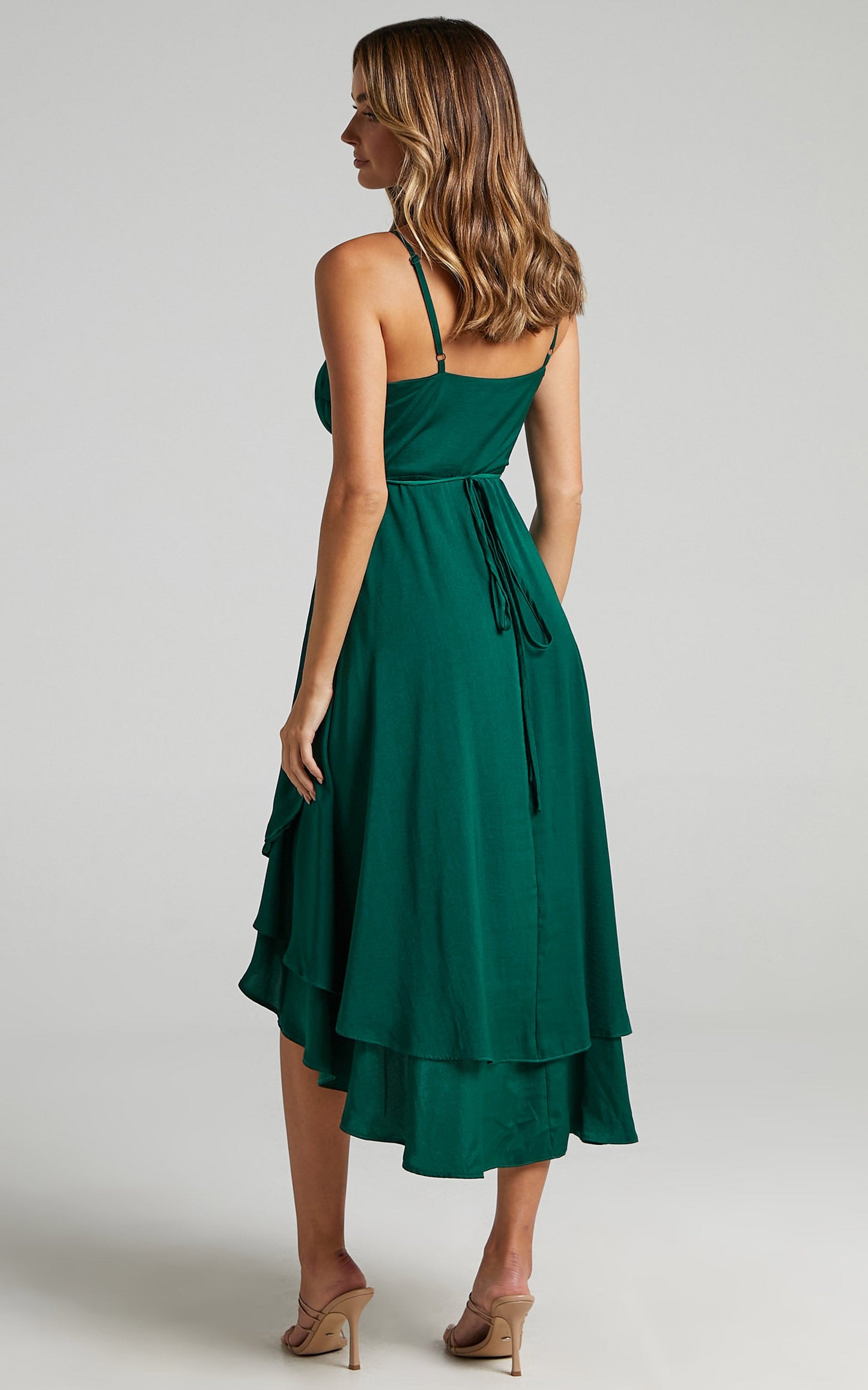 Between Fantasy Midi Dress - High Low Wrap Dress in Emerald Satin