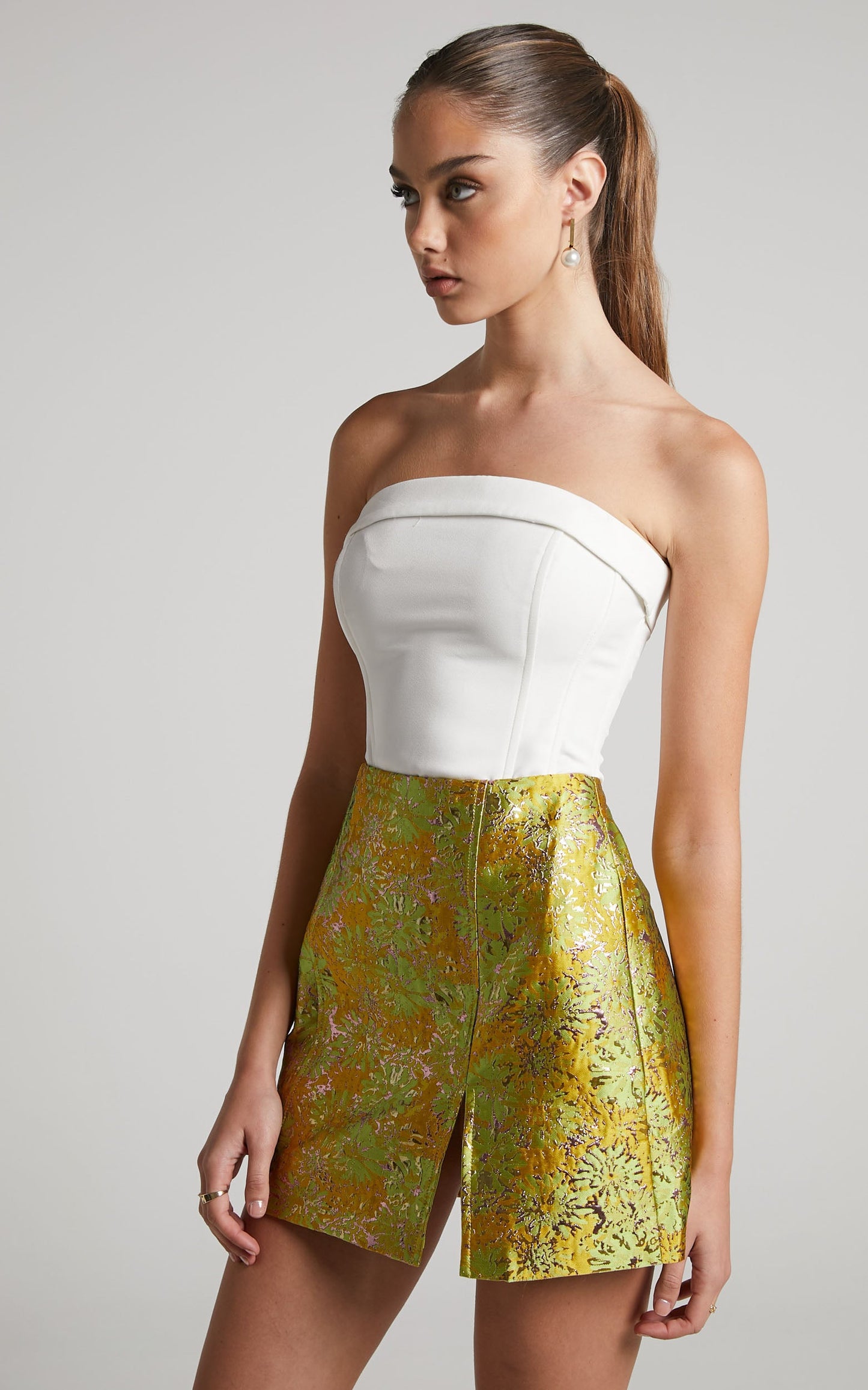 Brailey Mini Skirt - Split Jacquard Skirt in Lime