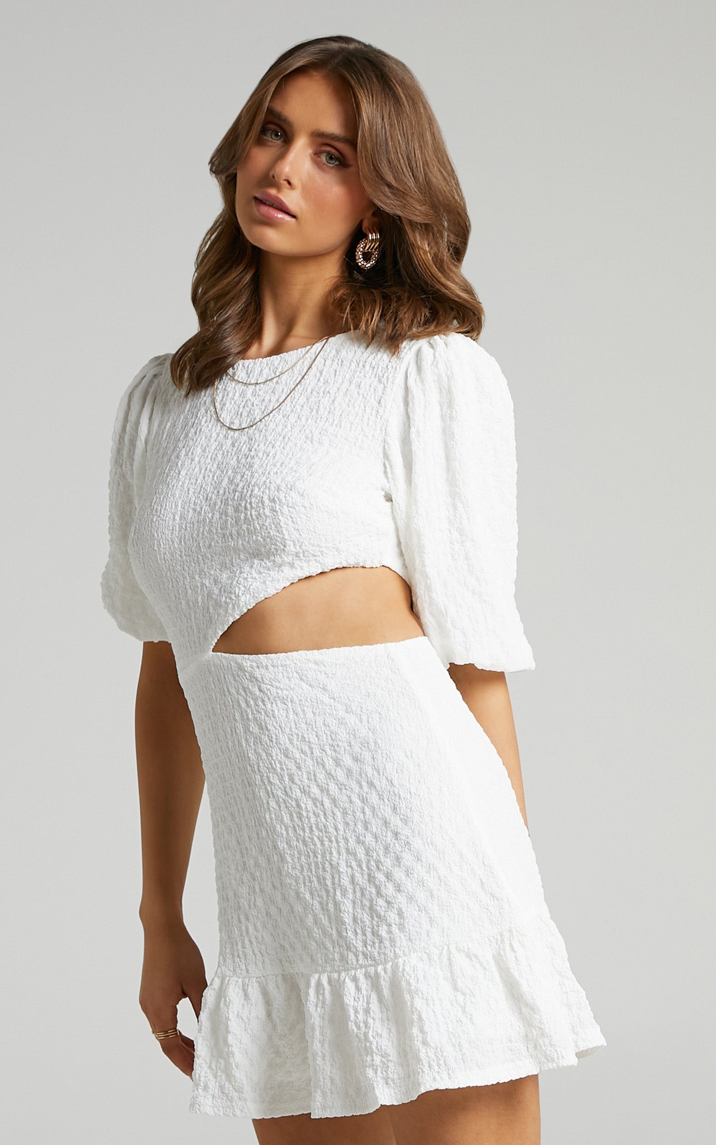 Binkie Mini Dress - Puff Sleeve Cut Out Dress in White