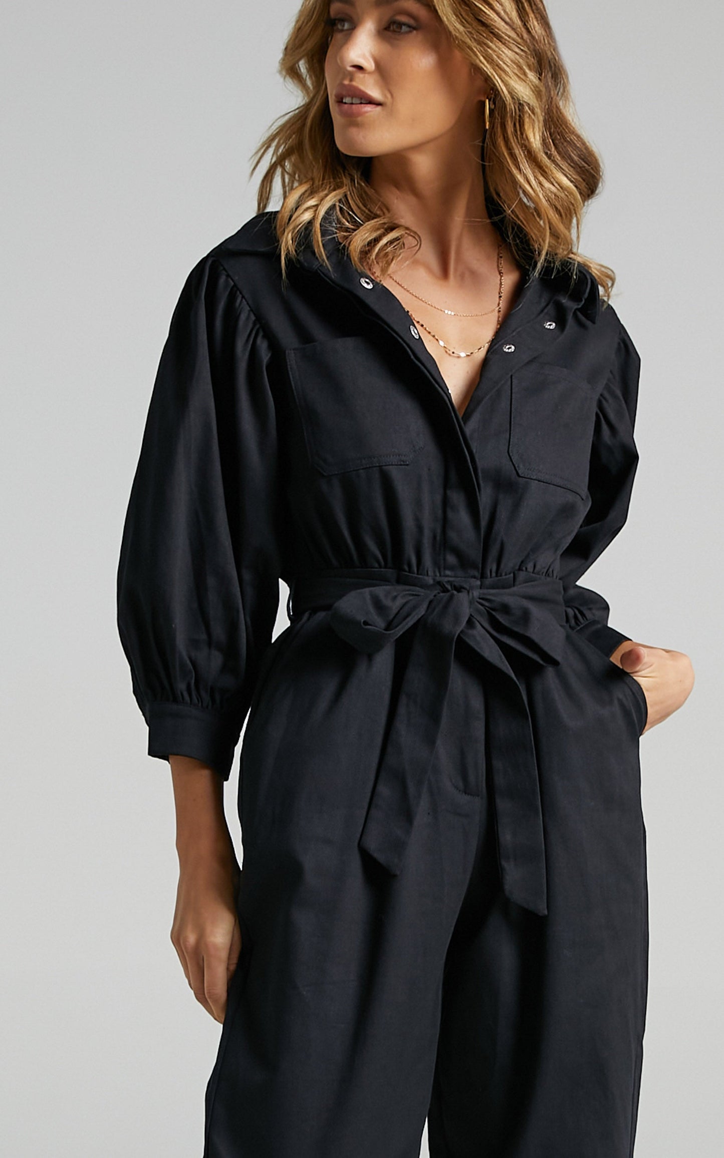 Bradfield Jumpsuit - Centre Tie Collared Jumpsuit in Black