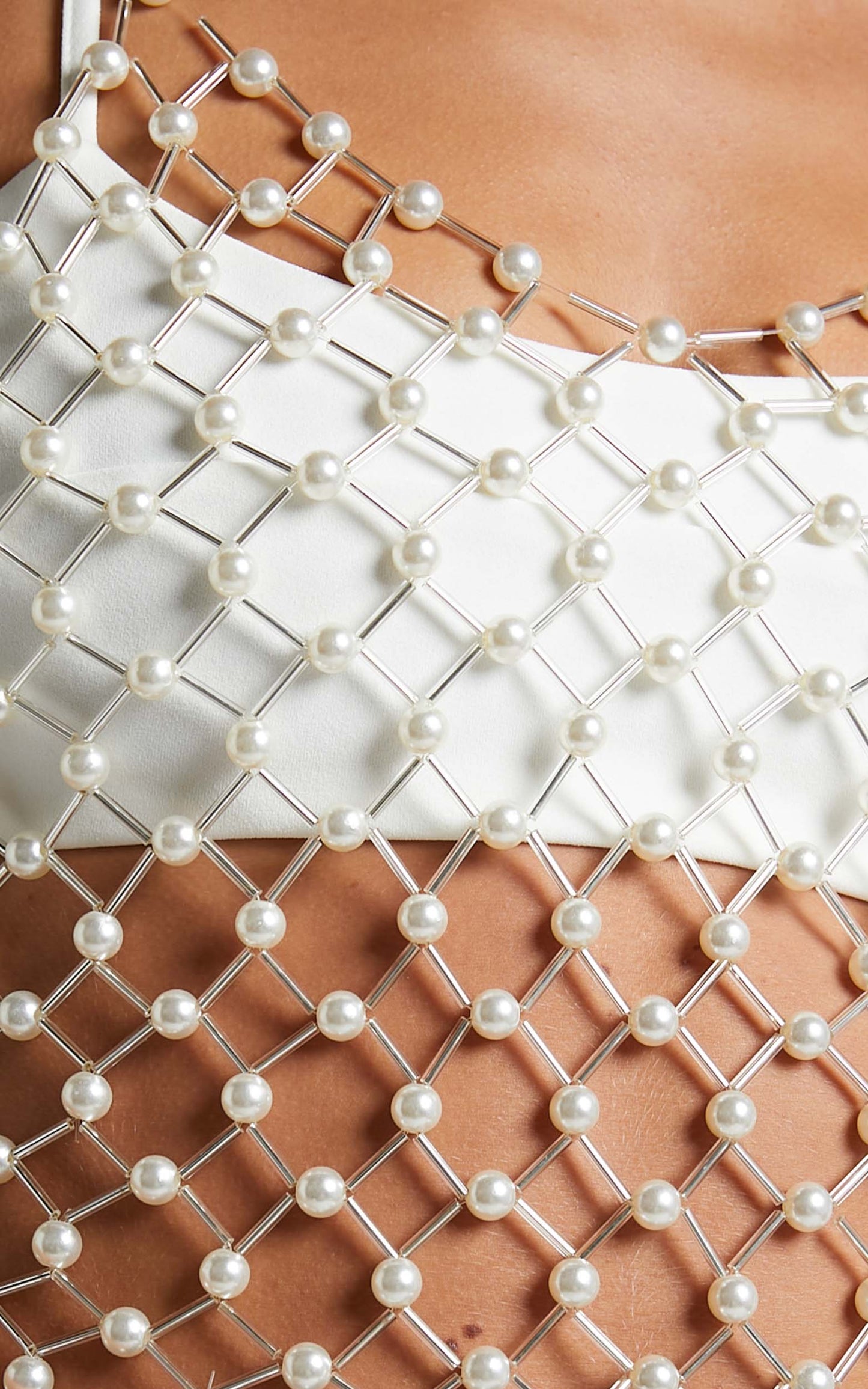 Cameron Top - Pearl Beaded Mesh Top in Pearl