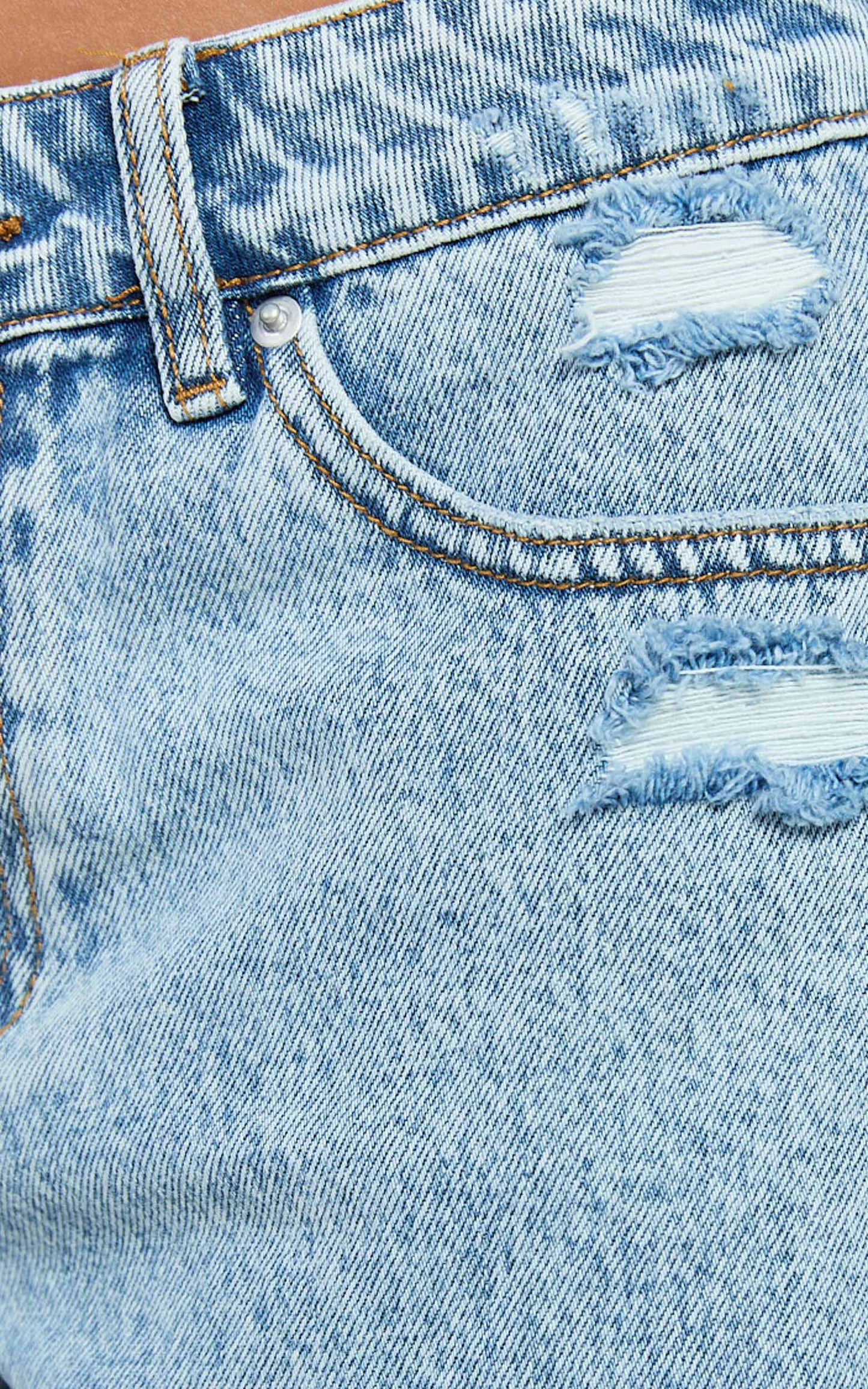 Camille Shorts - Low Rise Recycled Denim Distressed Mini Shorts in Light Blue Wash