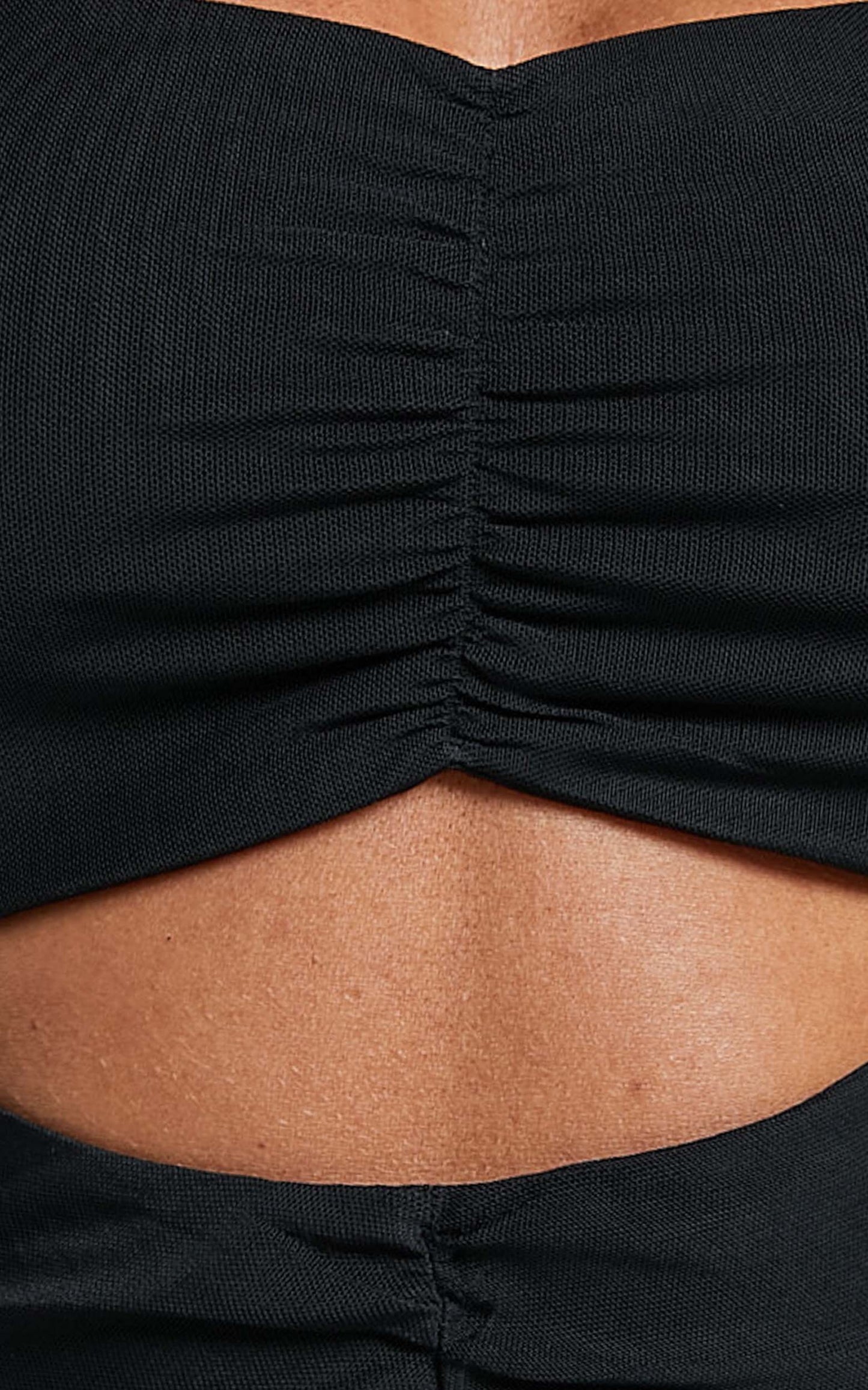 Cecely Bodysuit - Cut Out Ruched Mesh Bodysuit in Black