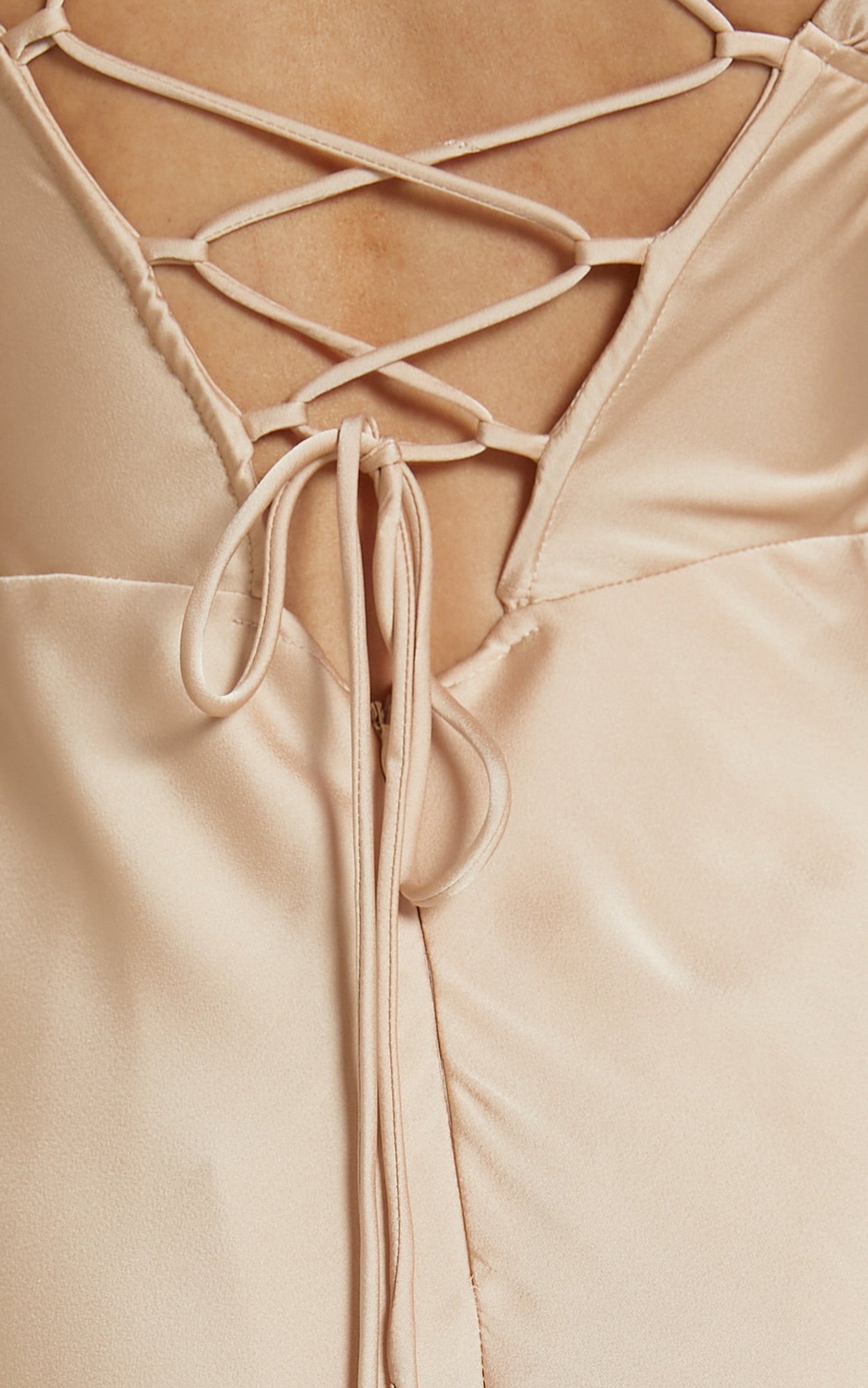 Chaney Midi Dress - Bardot Tie Back Detail Bias Cut Dress in Champagne