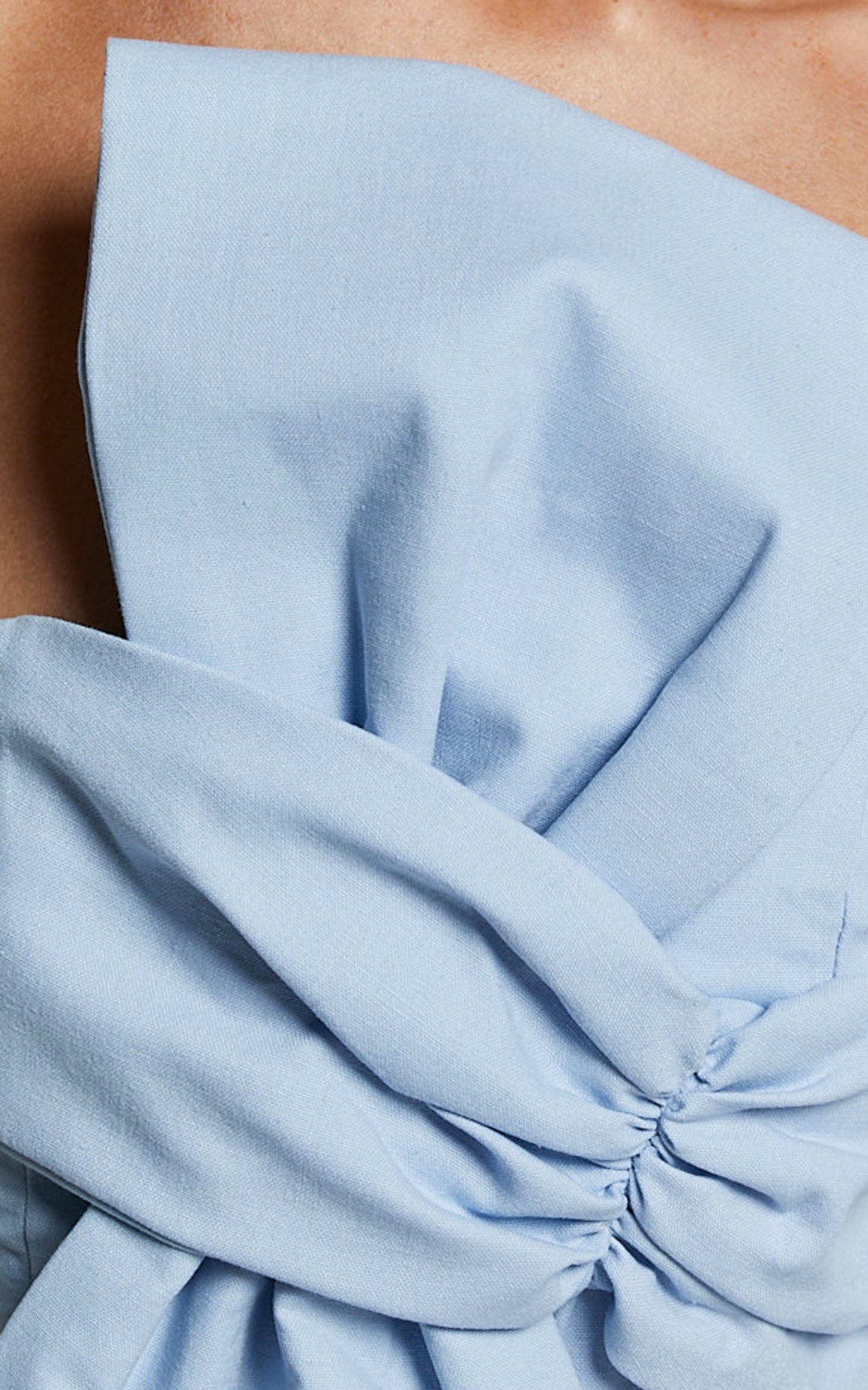 Chika Mini Dress - Linen Strapless Front Bow Dress in Pale Blue