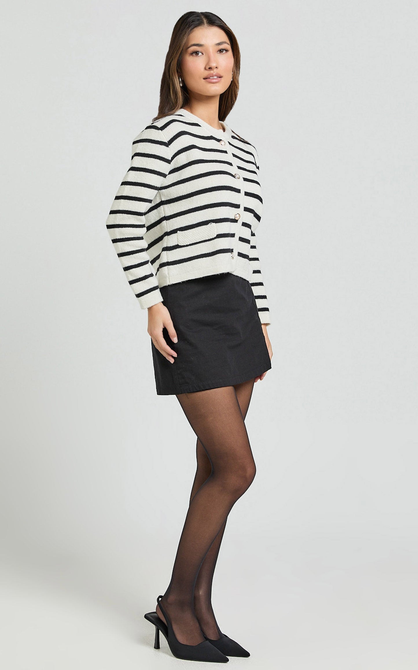 Cleo Cardigan - Button Through Stripe Knit Cardigan in Ivory/Black