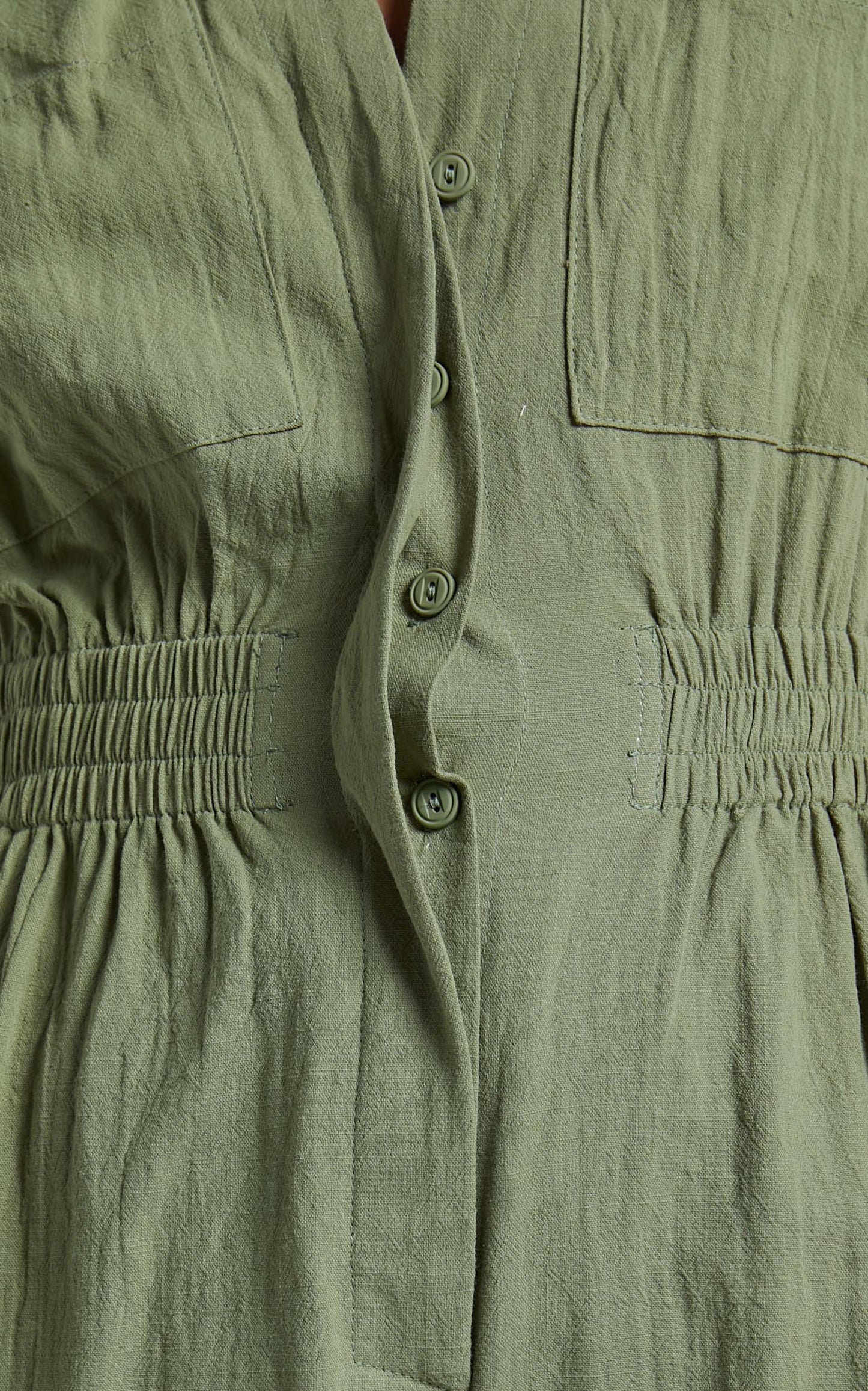Daralyn Linen Blend Playsuit - Collared Button Down Utility Playsuit in Khaki