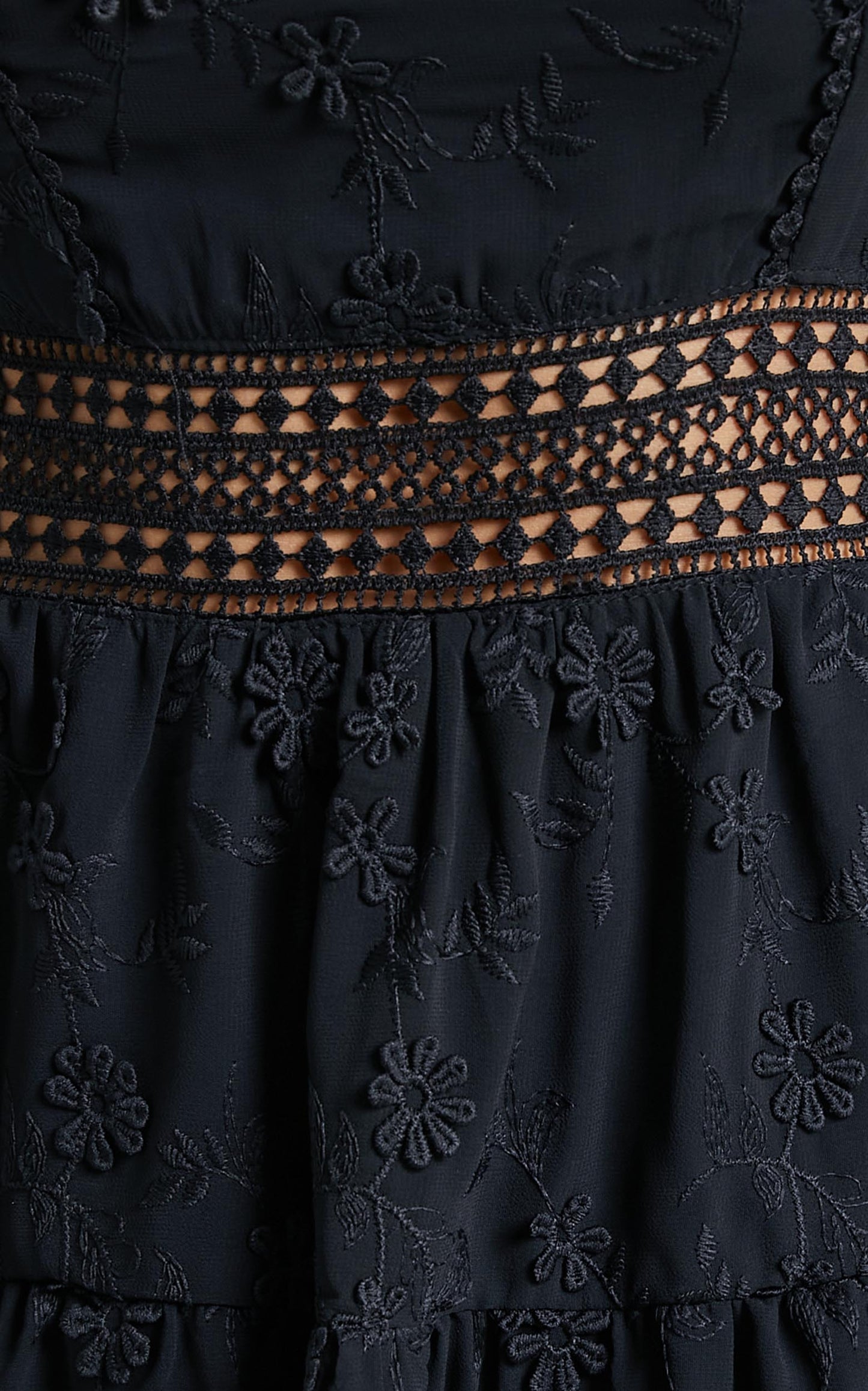 Deiene Mini Dress - Lace Trim Broderie Tiered Dress in Black
