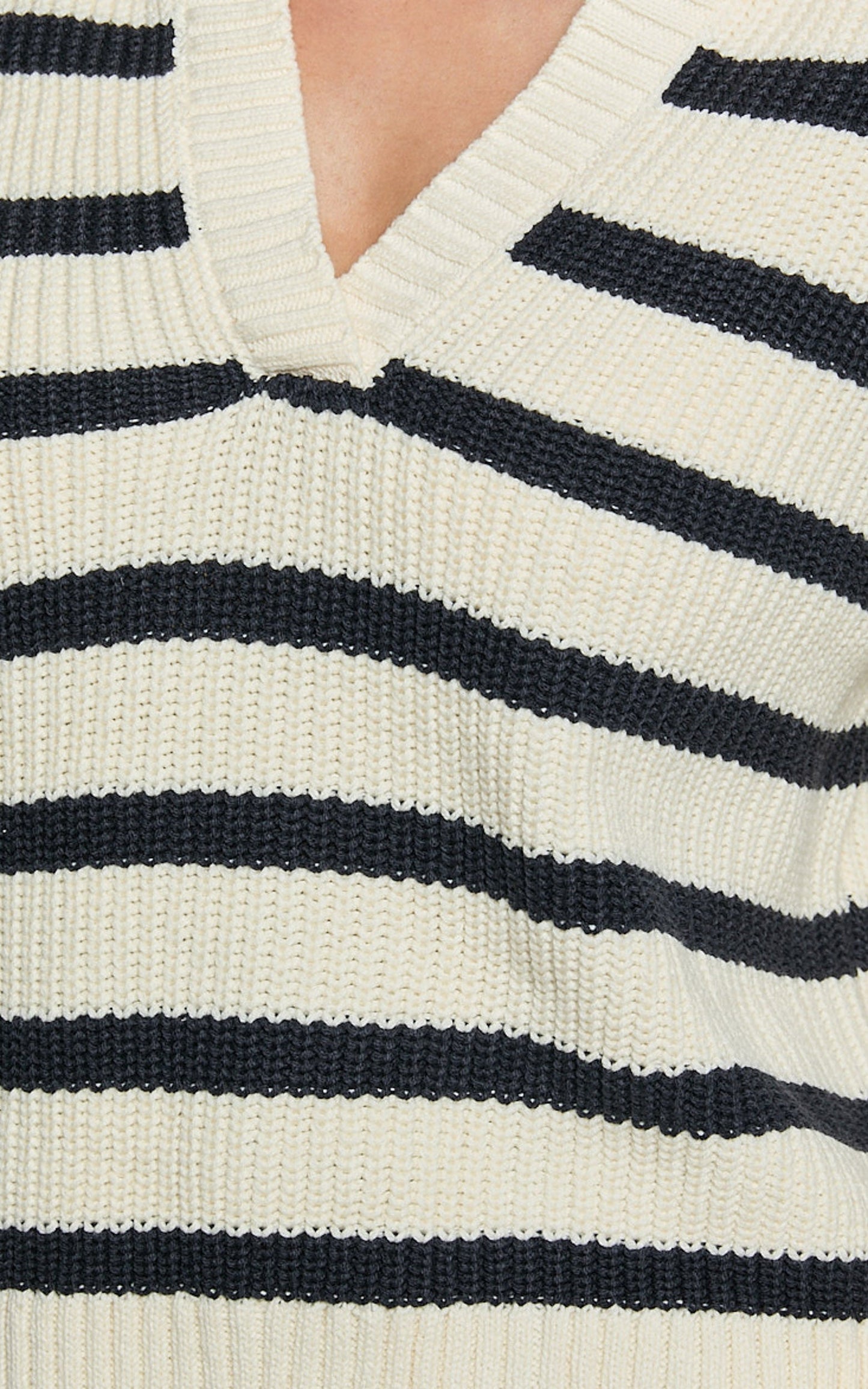 Devon Jumper - Open Collar V Neck Stripe Knit Jumper in Black & Cream Stripe