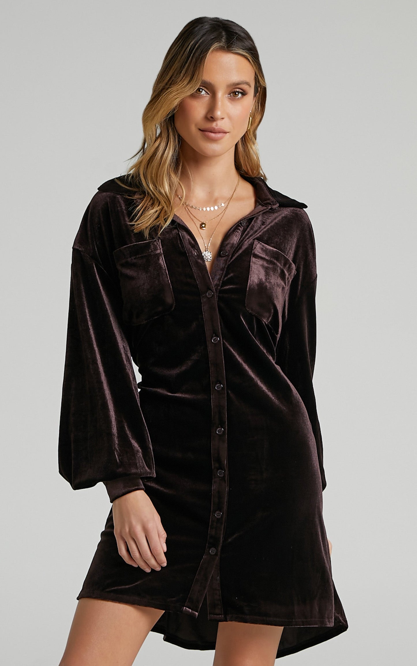 Devreux Mini Dress - Button Up Collared Shirt Dress in Chocolate Velvet