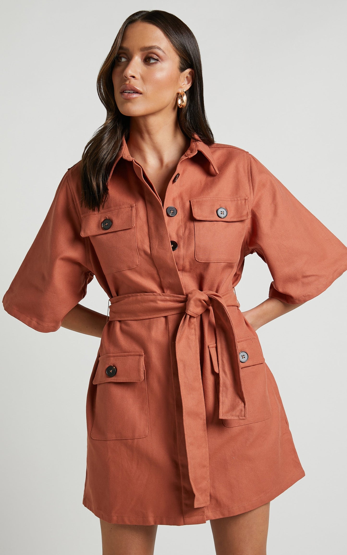 Dynalyn Mini Dress - Wide Sleeve Utility Dress in Terricotta