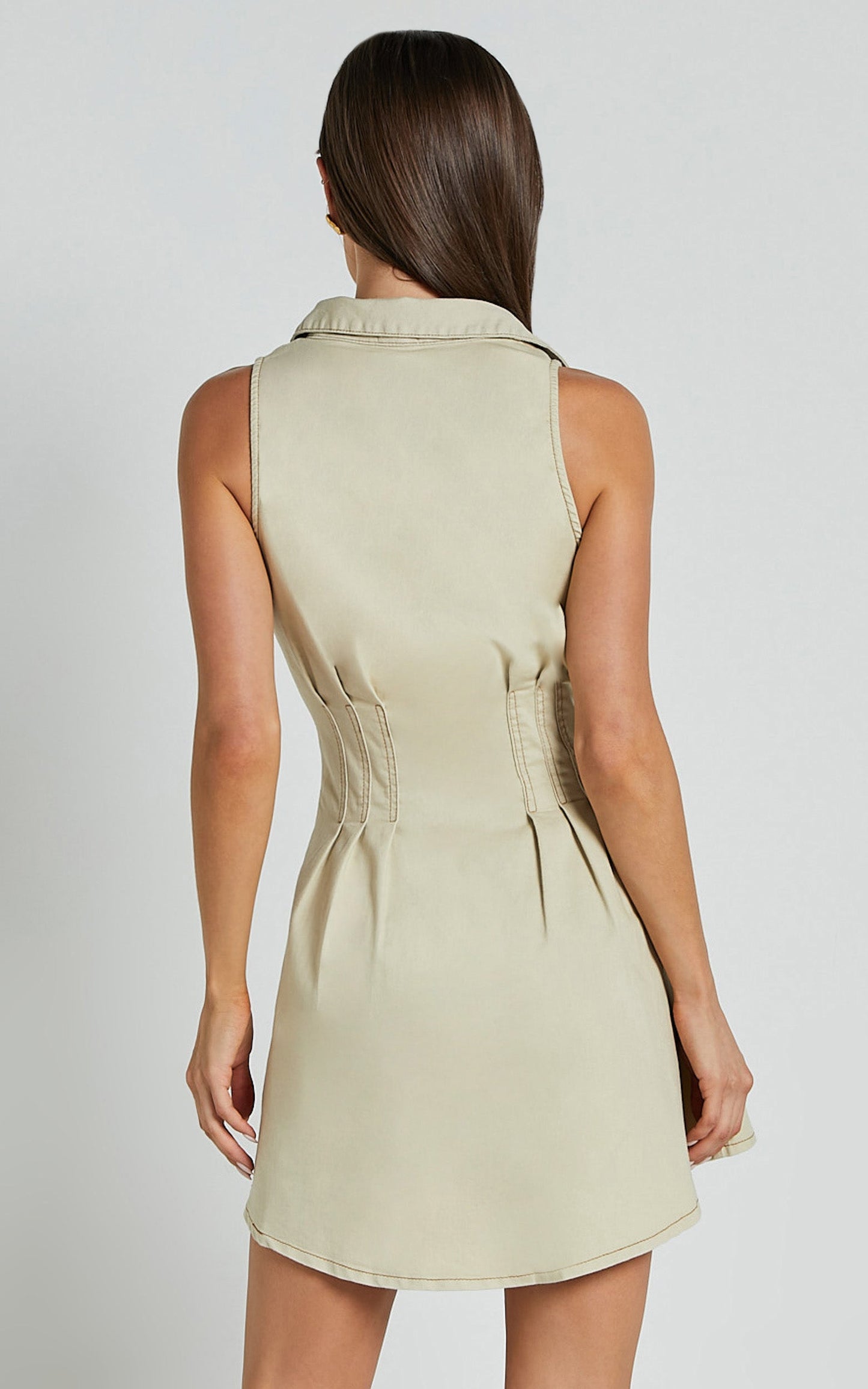 Emelia Mini Dress - Denim Sleeveless Button Down Cinch Waist Detail Dress in Natural