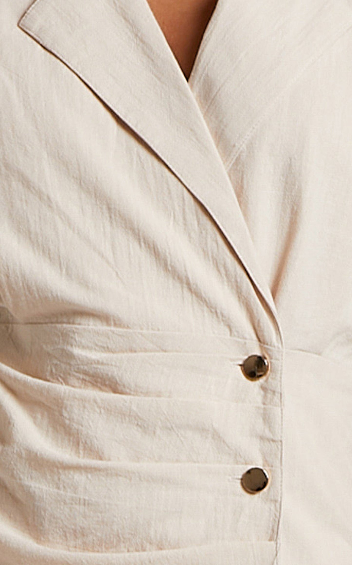 Mateth Mini Dress - Button Up Notched Collar Short Sleeve Dress in Beige
