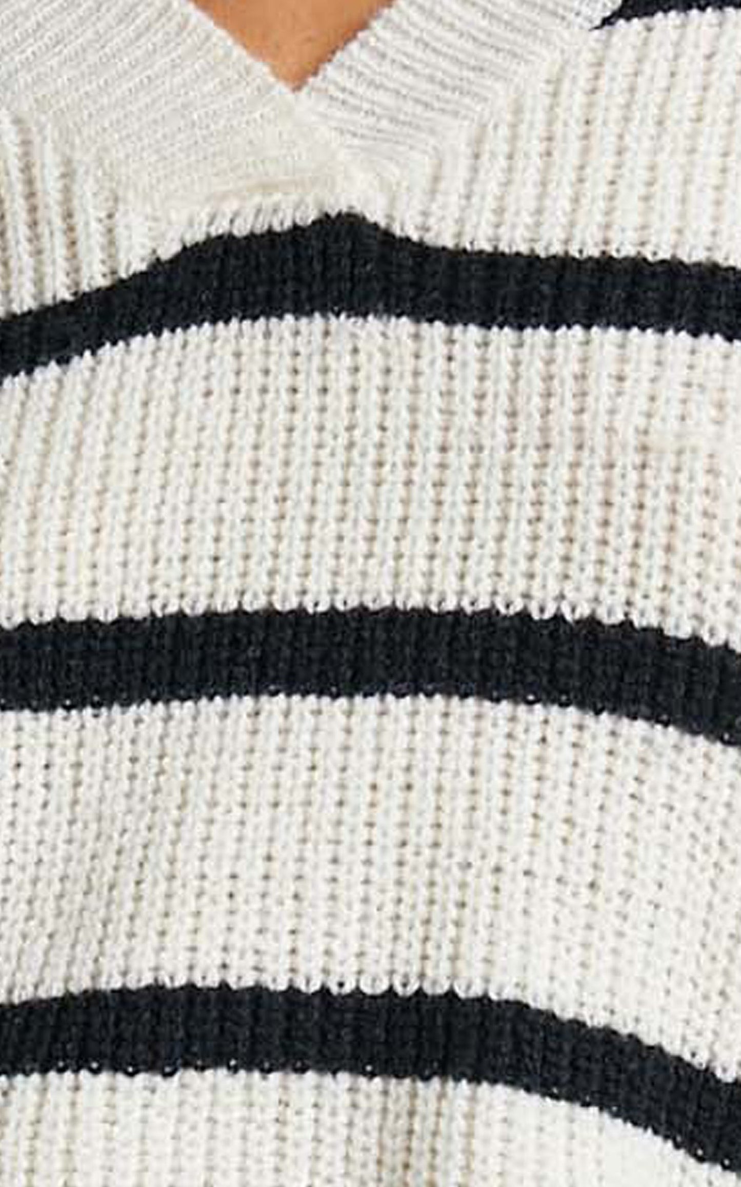 Deliah Jumper - V Neck Collared Stripe Knit Jumper in Cream & Black Stripe