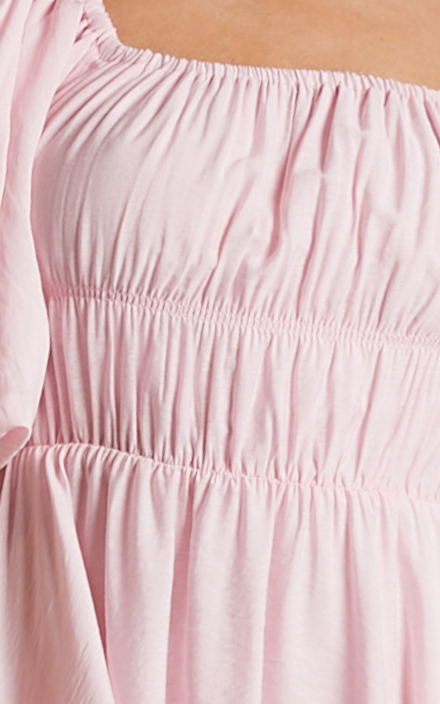 Peyton Midi Dress - Off Shoulder Puff Sleeve Tiered Dress in Pale Pink