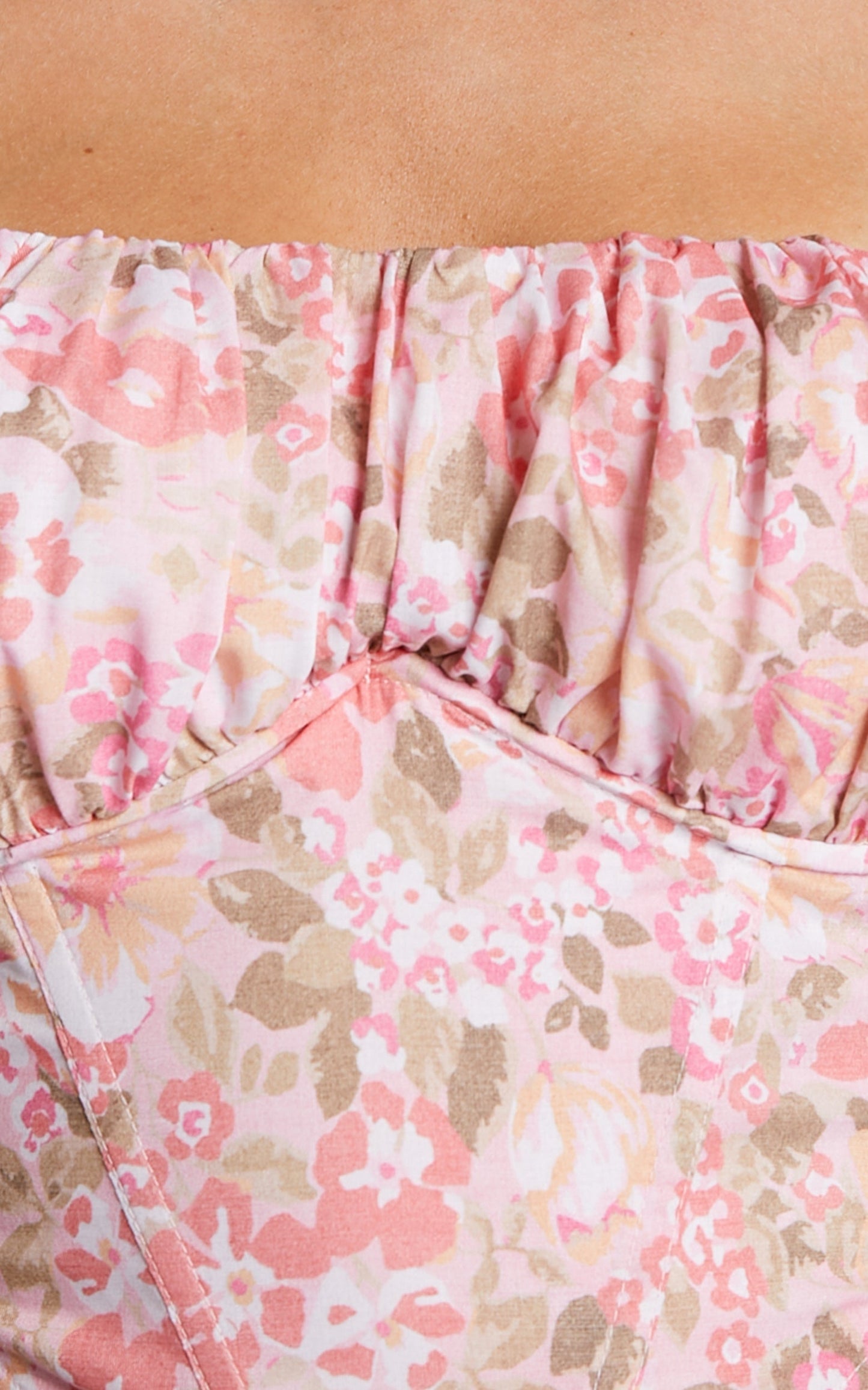Phorchia Top - Ruched Bust Curved Hem Corset Top in Pink Floral