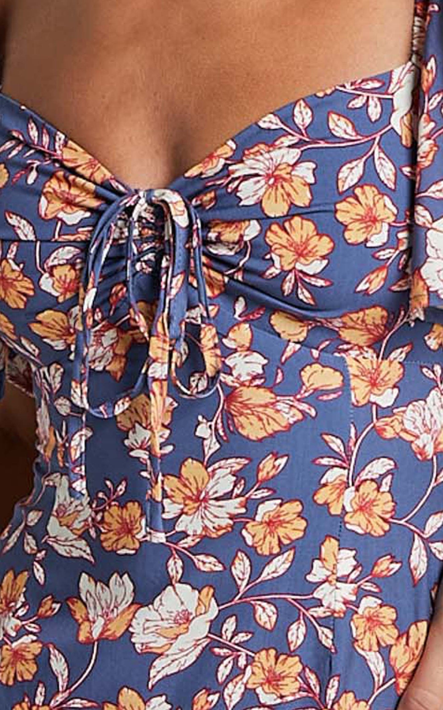 Ceriana Mini Dress - Flutter Sleeve Gathered Chest Dress in Navy Floral