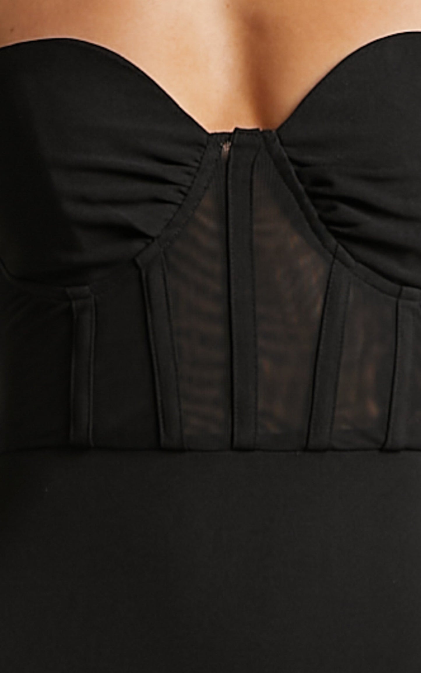 Melina Midi Dress - Strapless Mesh Bustier Thigh Split Dress in Black