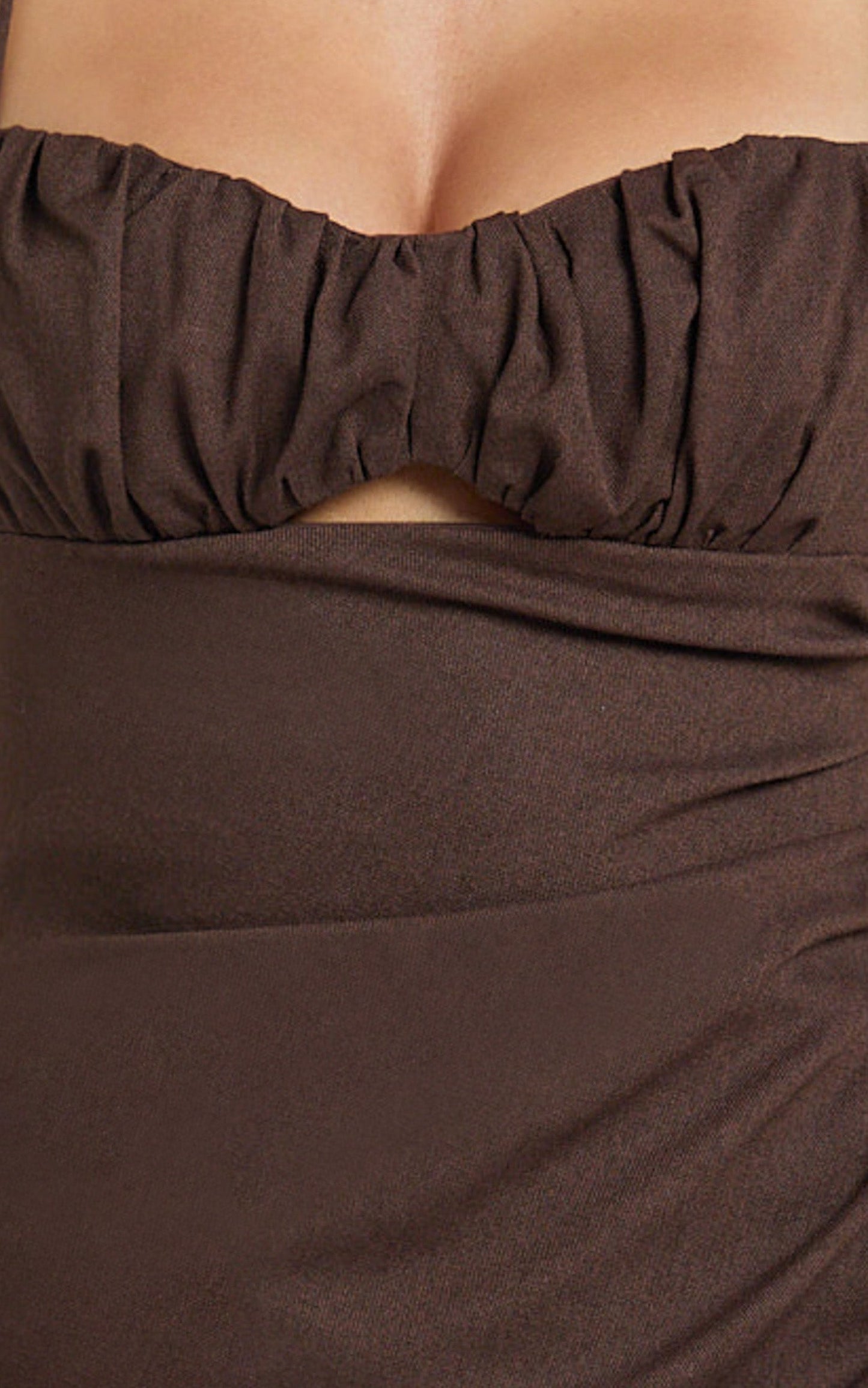 Frederica Midi Linen Blend Dress - Gathered Sweetheart Tie Back Front Split Dress in Chocolate