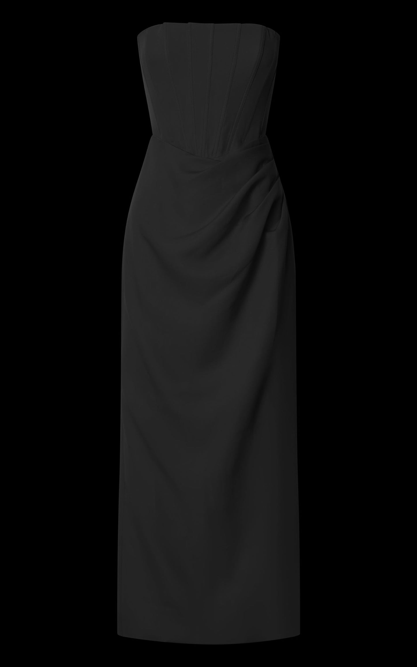 Avery Midi Dress - Strapless Draped Side Split Dress in Black