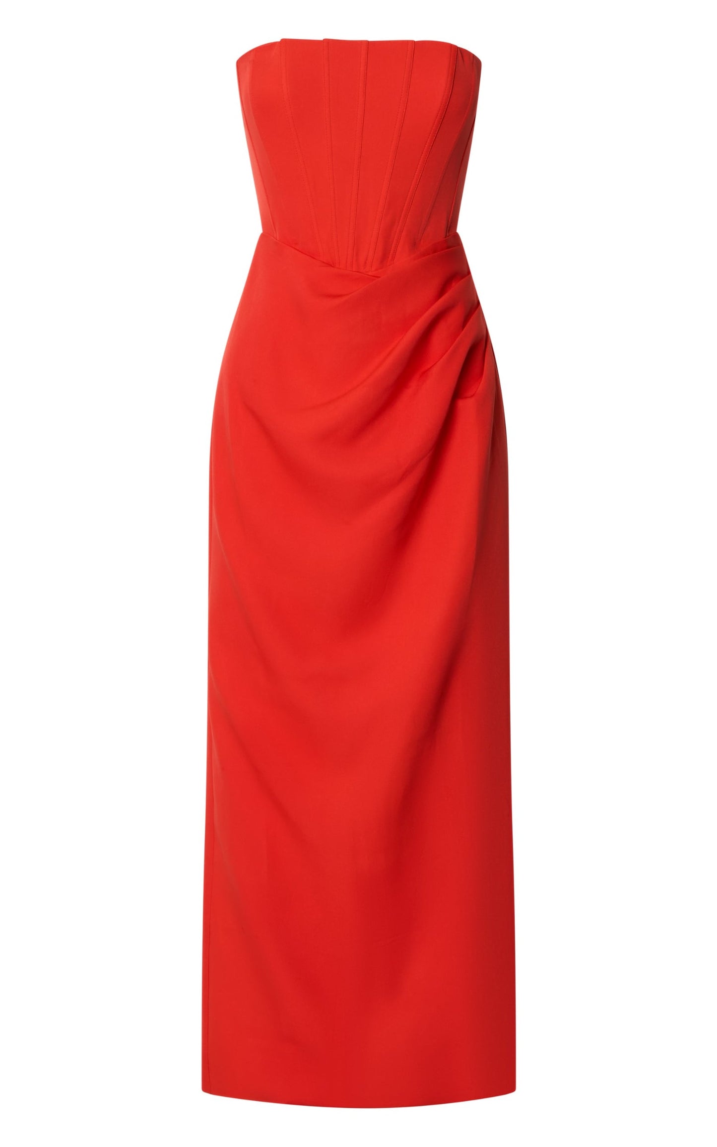 Avery Midi Dress - Strapless Draped Side Split Dress in Orange