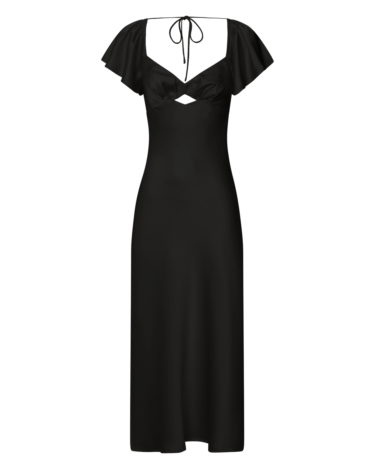 Emberlynn Midi Dress - Flutter Sleeve Cut Out Satin Dress in Black