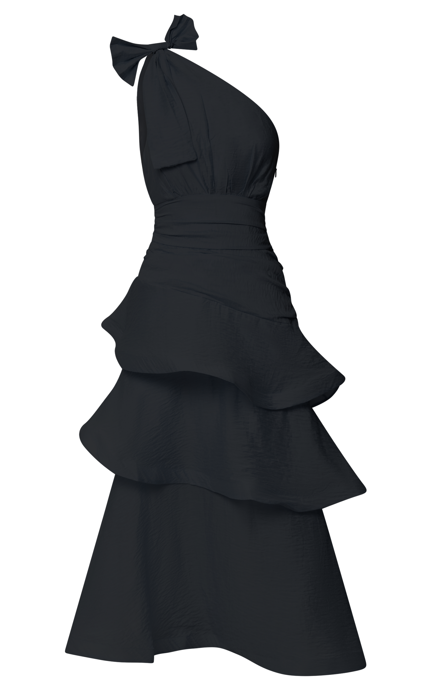 Eugenia Midi Dress - One Shoulder Fit and Flare Layered Dress in Black