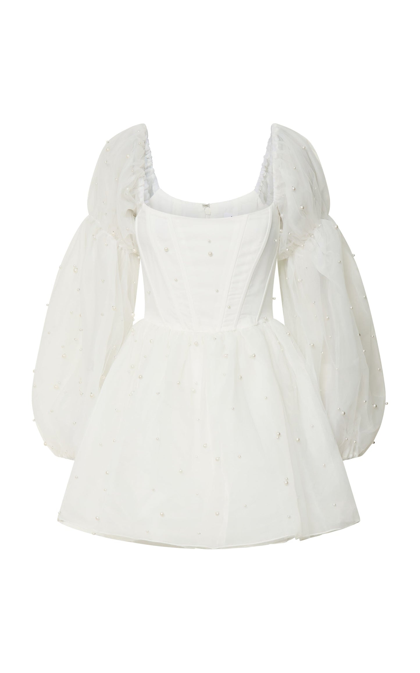 Ingrid Mini Dress - Long Puff Sleeve Pearl Detail Dress in White