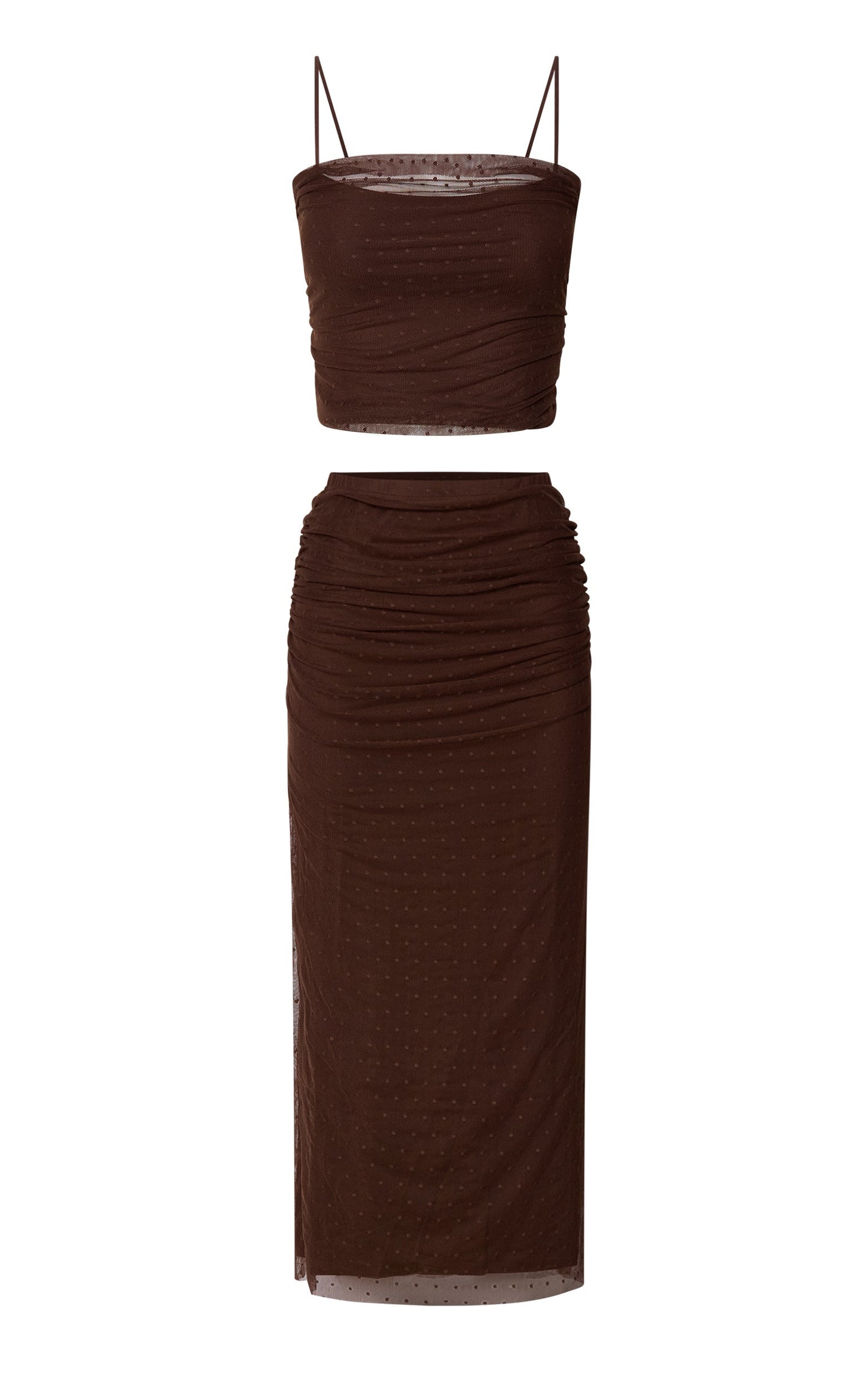 Layla Two Piece Set - Ruched Crop Top and Midi Skirt Mesh Set in Chocolate Brown