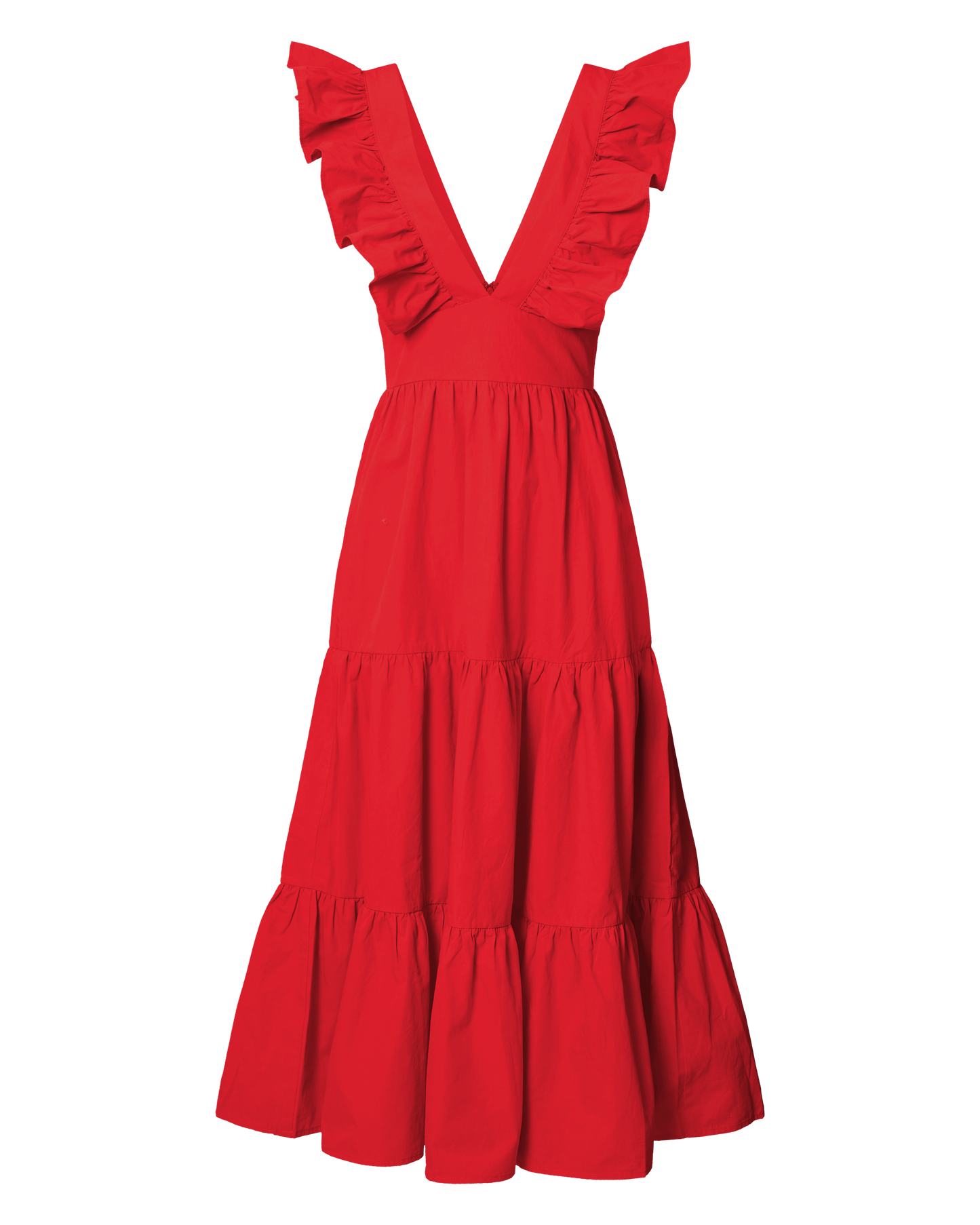 Levona Midi Dress - Ruffle Shoulder Tiered Dress in Cherry Tomato