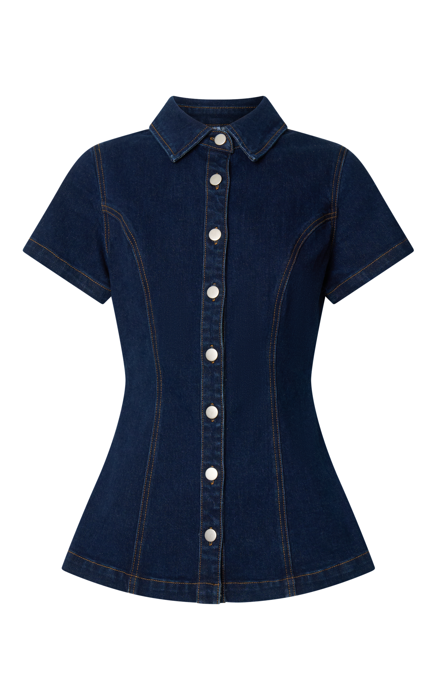Paige Top - Button Down Short Sleeve Denim Top in Dark Blue Wash