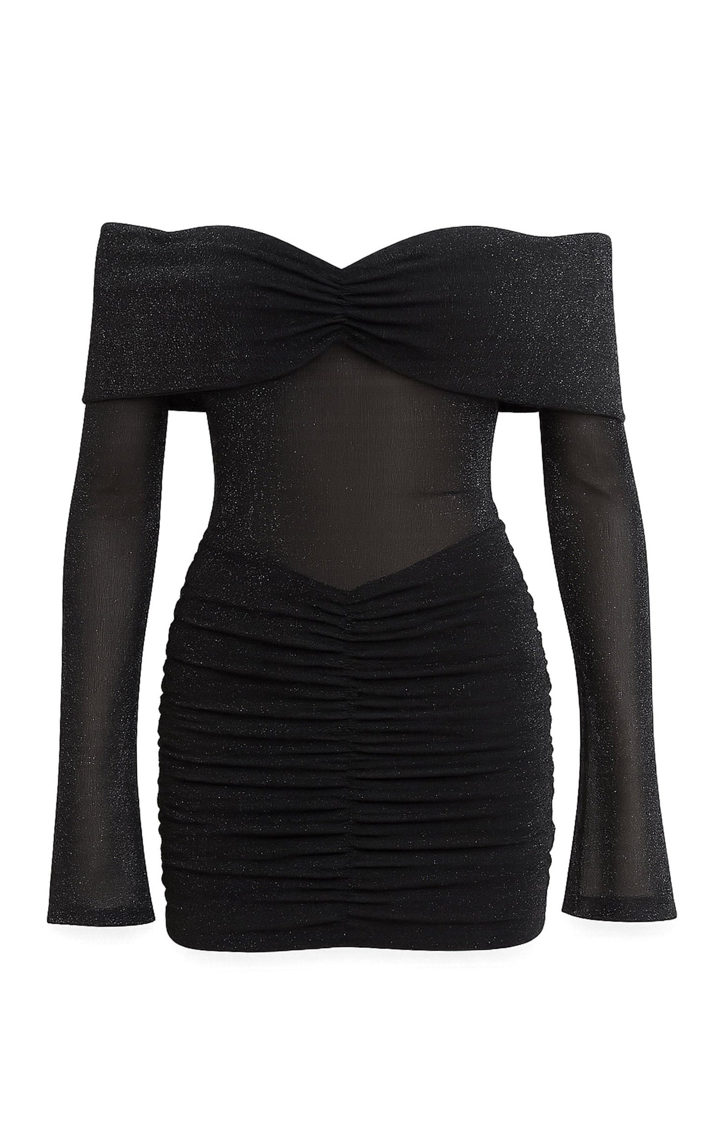 Rumi Mini Dress - Glitter Tulle Off Shoulder Ruched Dress in Black
