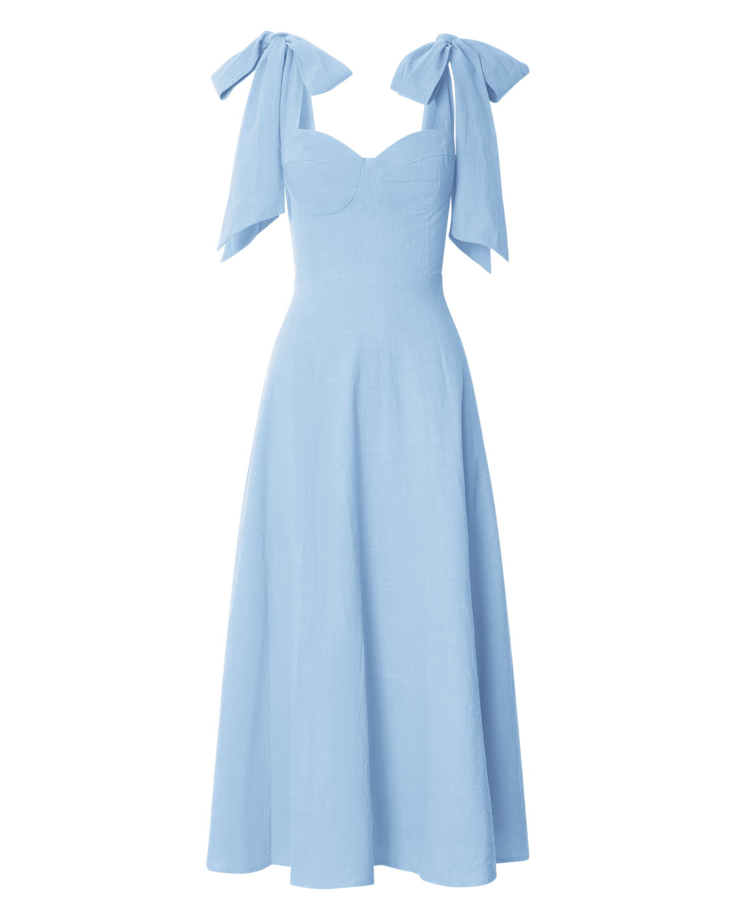 Tymia Midi Dress - Shoulder Tie Bustier Shirred Back A Line in Pastel Blue