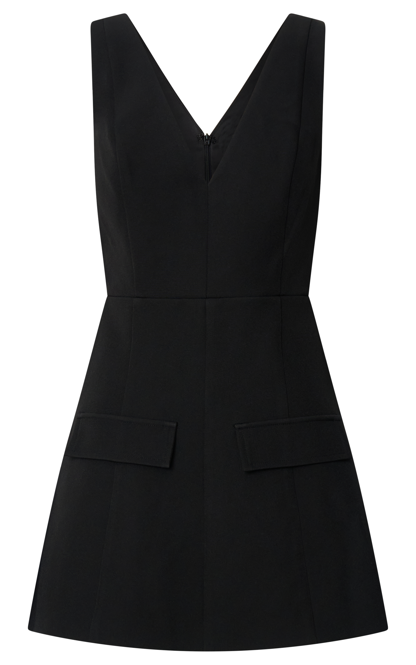 Zareena Mini Dress - V Neck Structured Tulip Pocket Detail Dress in Black
