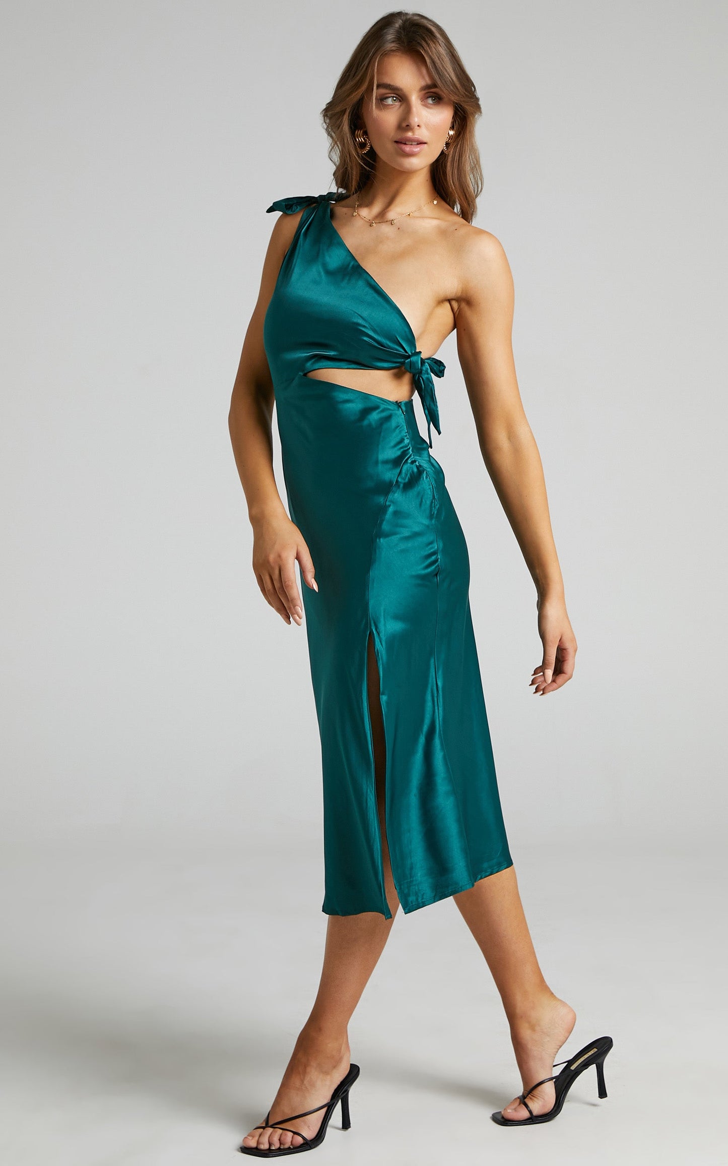 Glaucus Midi Dress - One Shoulder Cut Out Dress in Emerald Satin