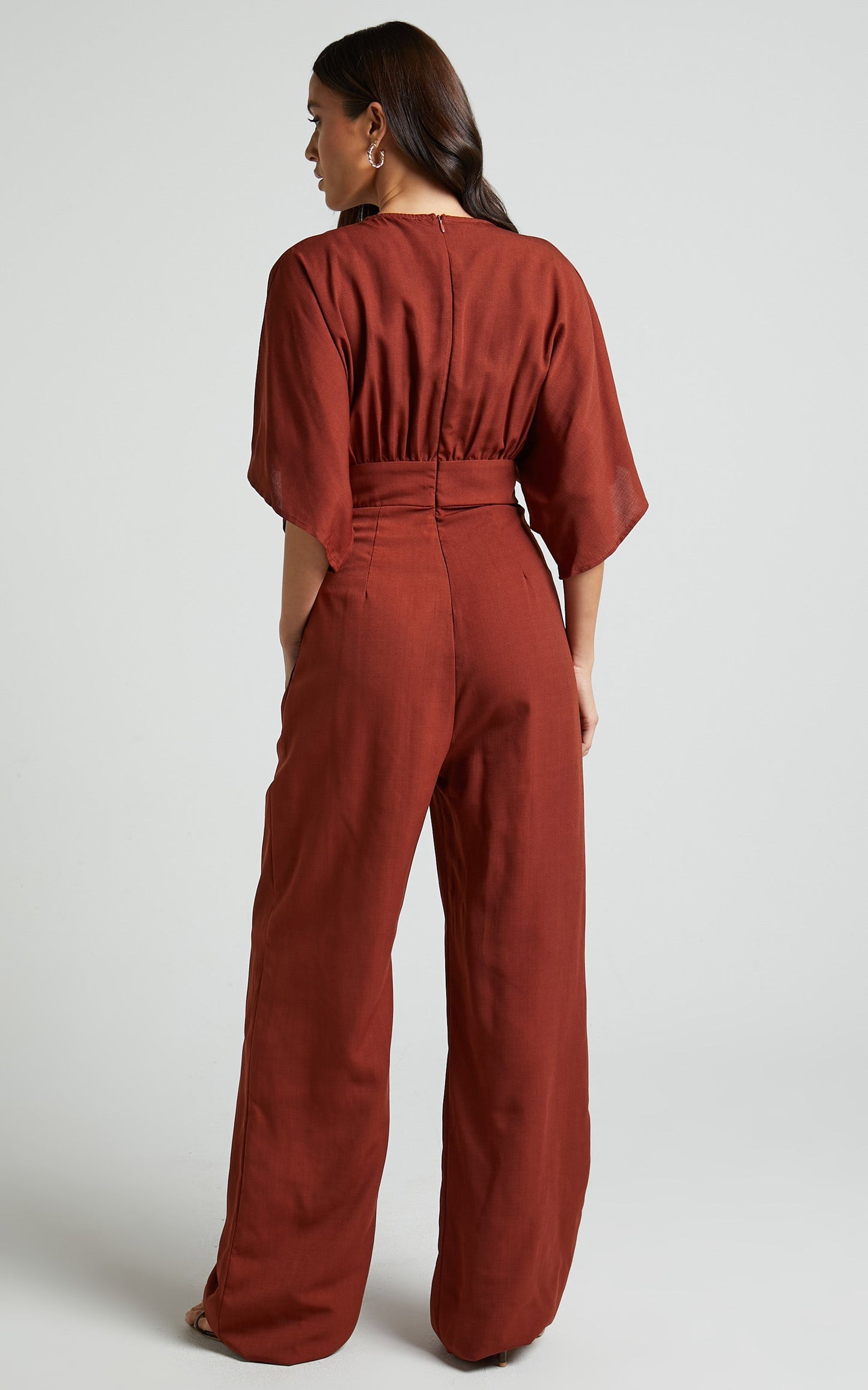Hanlou Jumpsuit - Flutter Sleeve V-Neck Button Front Wide Leg Jumpsuit in Rust