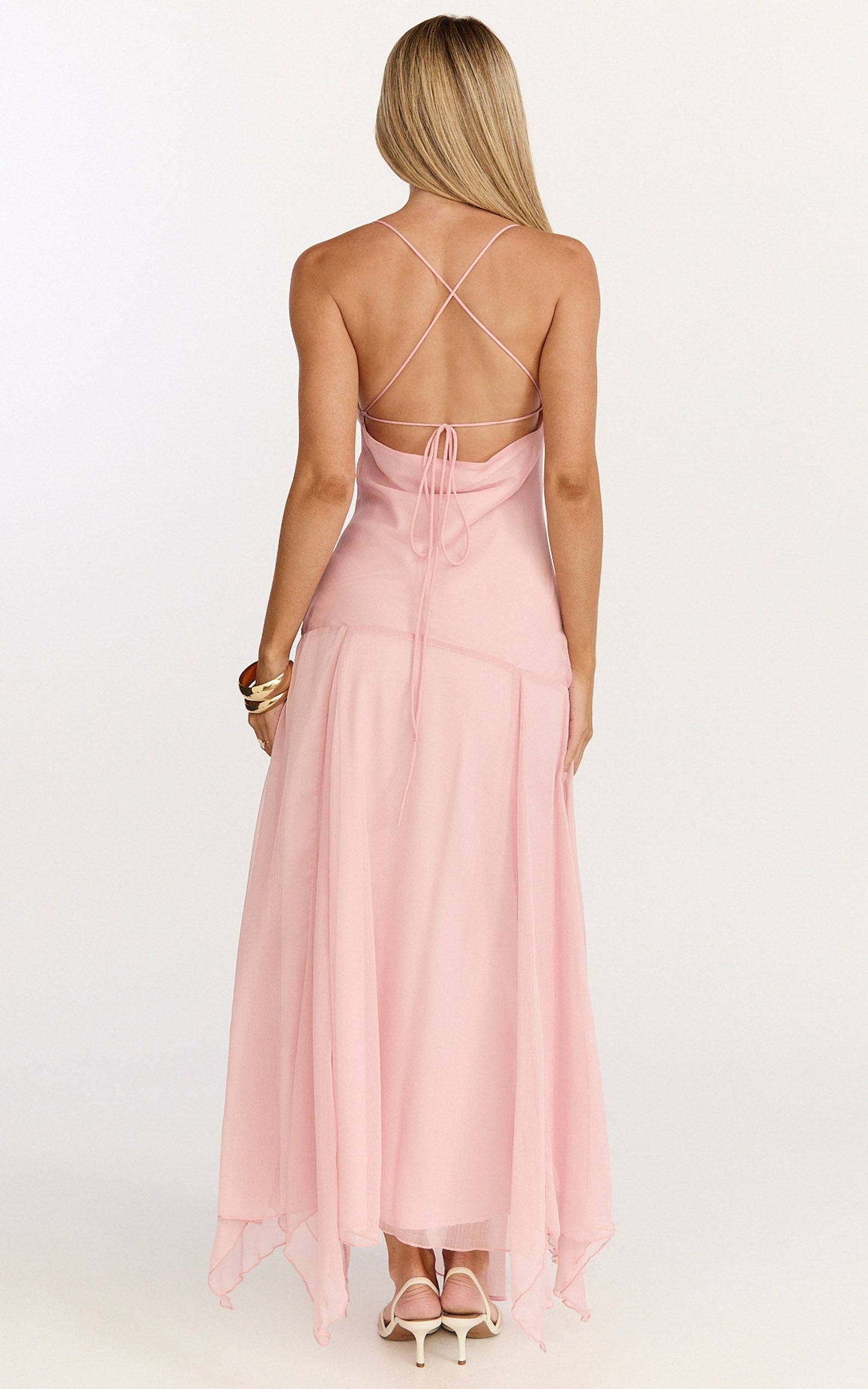 Idris Maxi Dress - Cowl Neck Draped Sash Godet Dress in Soft Pink