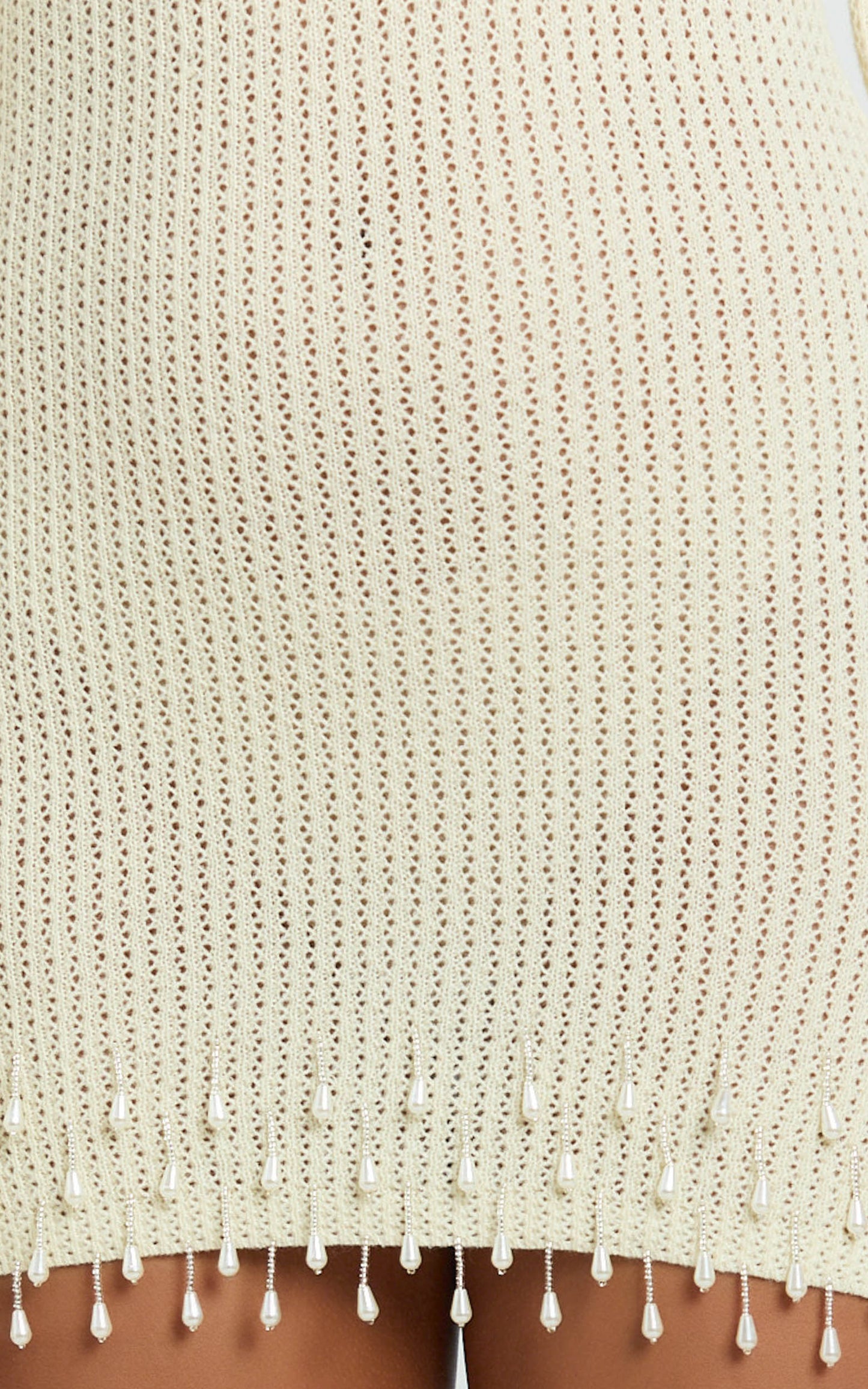 Izira Mini Dress - Knit One Shoulder Long Sleeve Pearl Bead Dress in Ivory