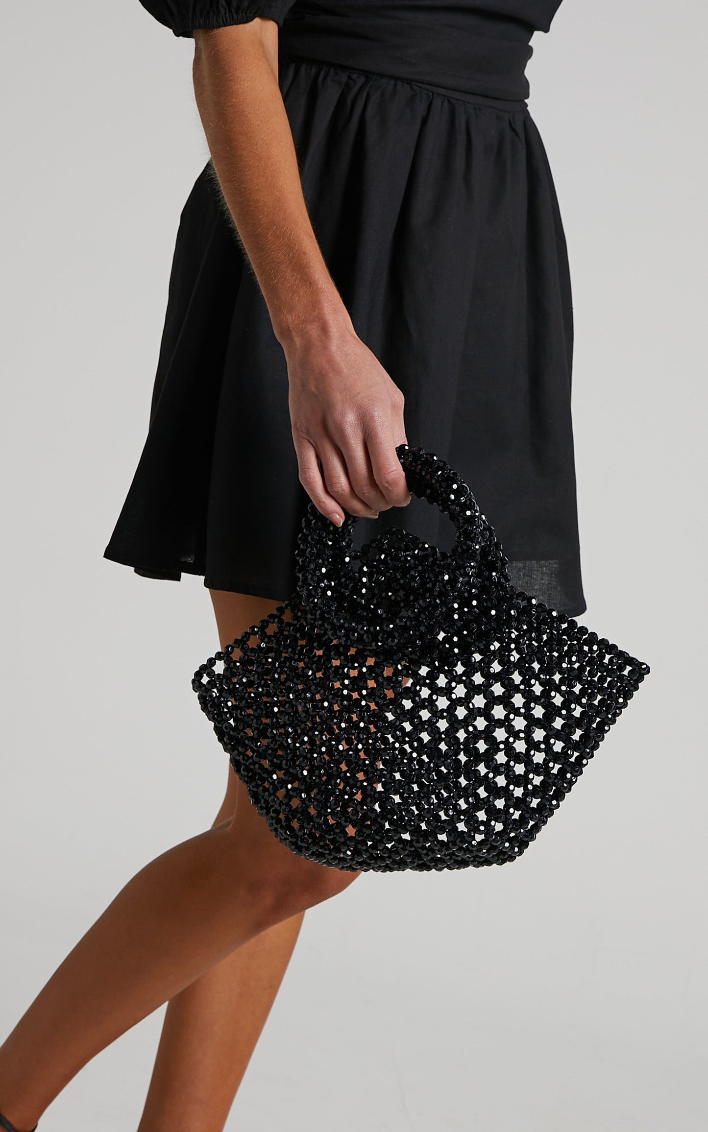 Jaynhel Bag - Ring Handle Crochet Look Beaded Bag in Black